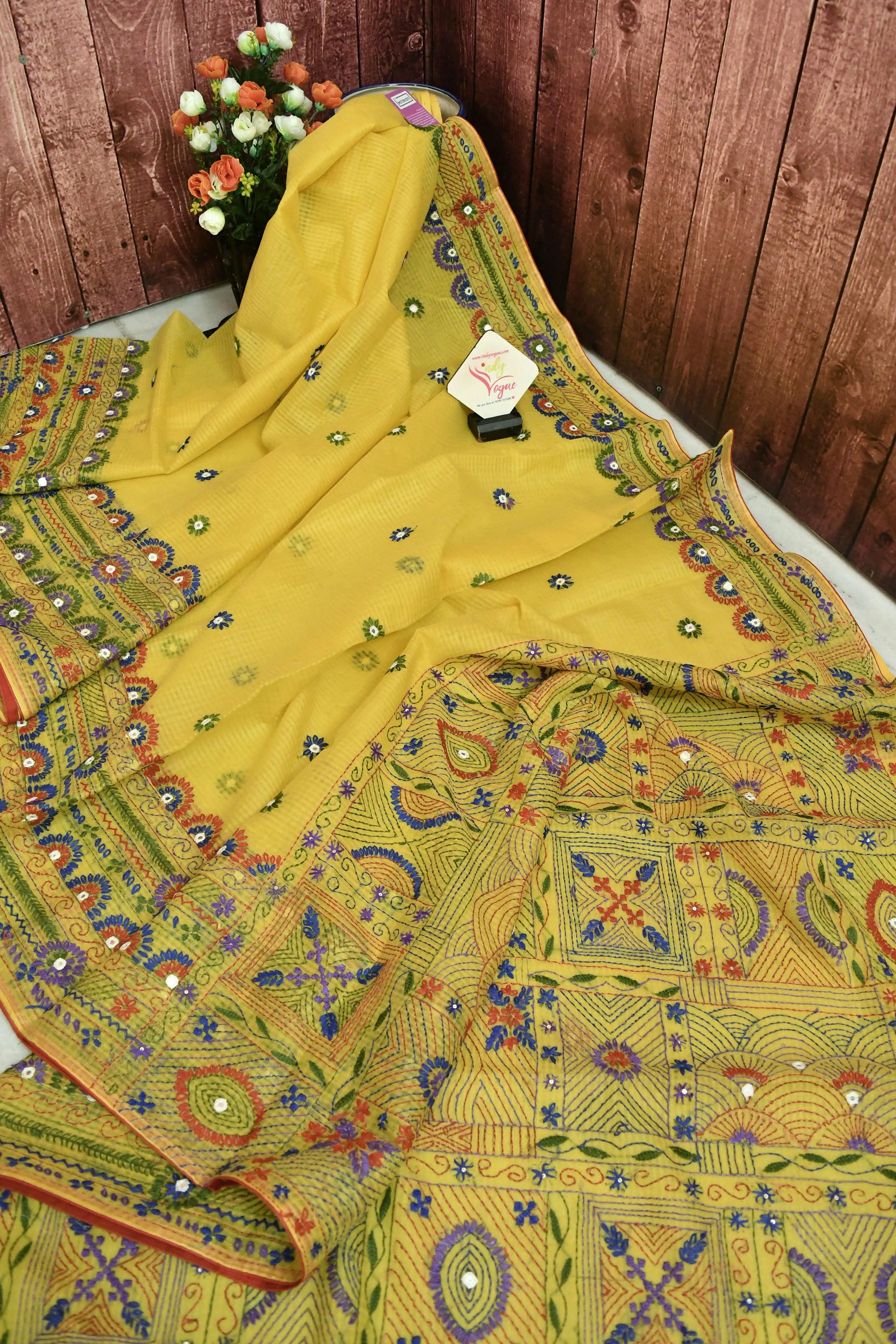 Lemon Yellow Color Resham Kota Handloom Saree with Lambani Hand Embroidery and Piping