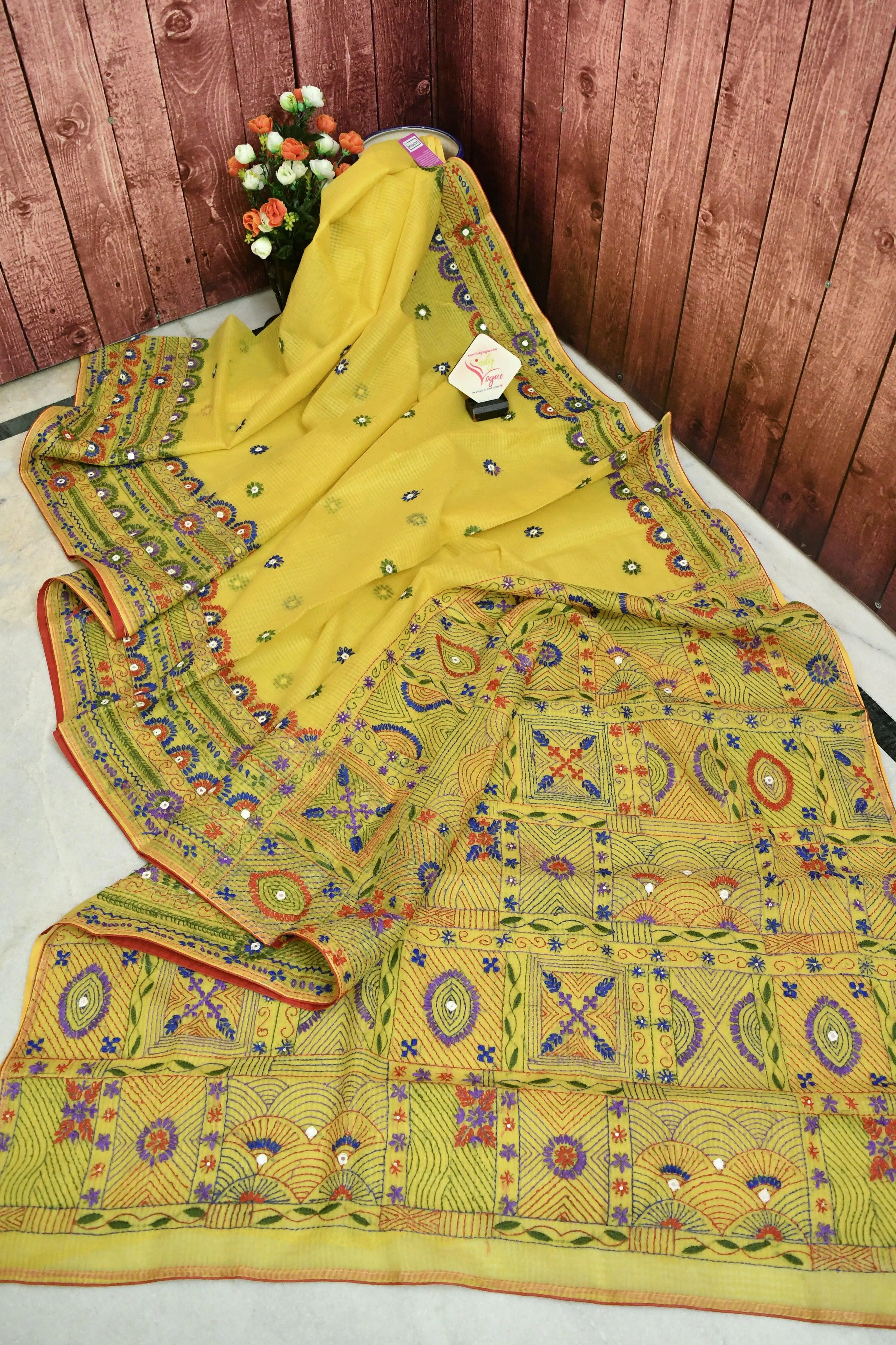 Lemon Yellow Color Resham Kota Handloom Saree with Lambani Hand Embroidery and Piping