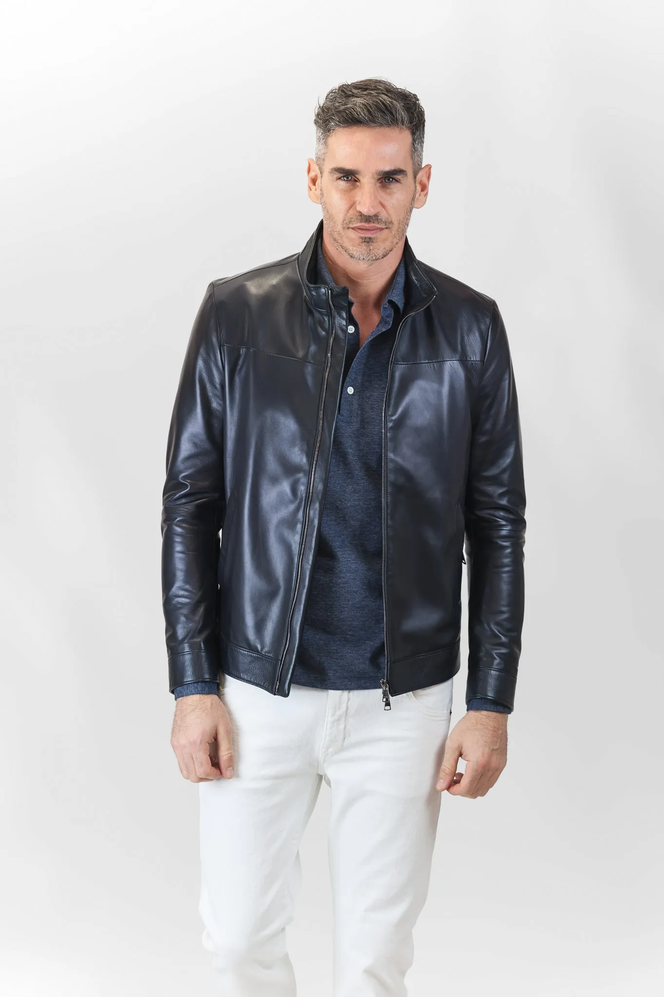 Leon leather bomber jacket (dark blue)