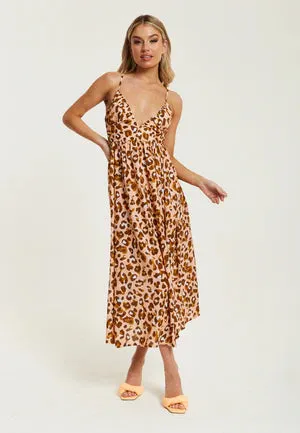 Liquorish Brown Leopard Strappy Midi Dress With Open Back