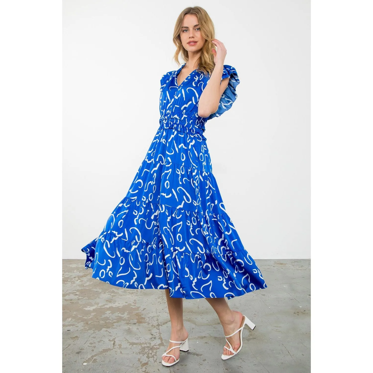 Lissa Flutter Sleeve Prit Tiered THML Maxi Dress