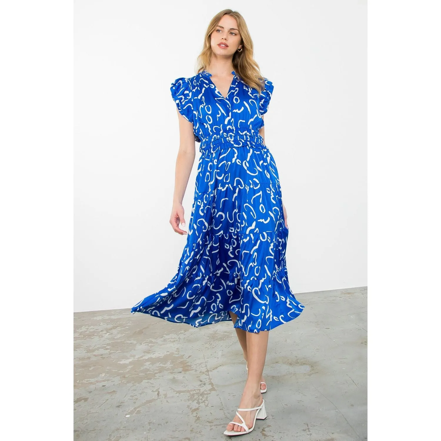 Lissa Flutter Sleeve Prit Tiered THML Maxi Dress