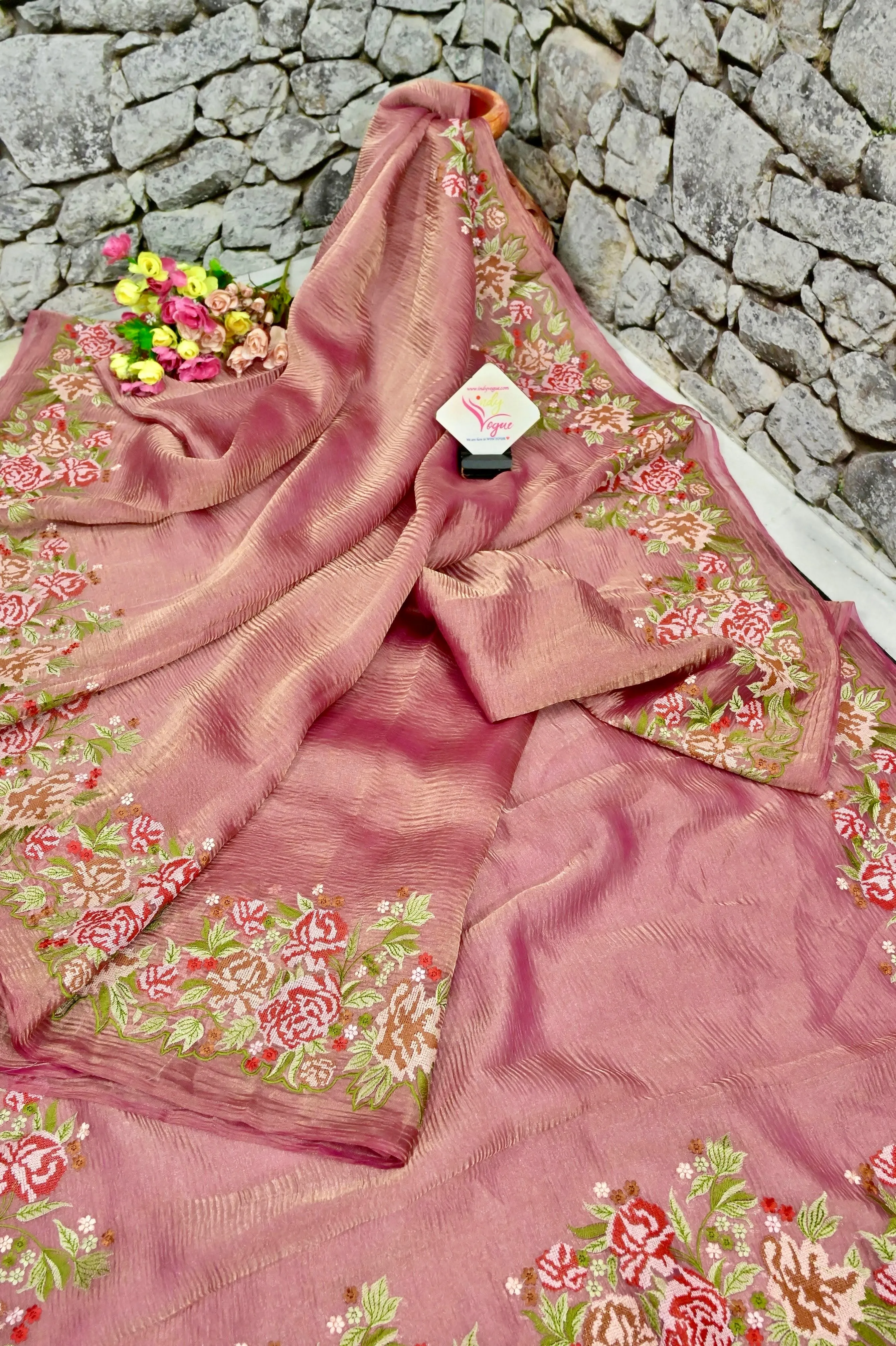 Magenta and Golden Color Dual Toned Crush Tissue Silk with Embroidery Work