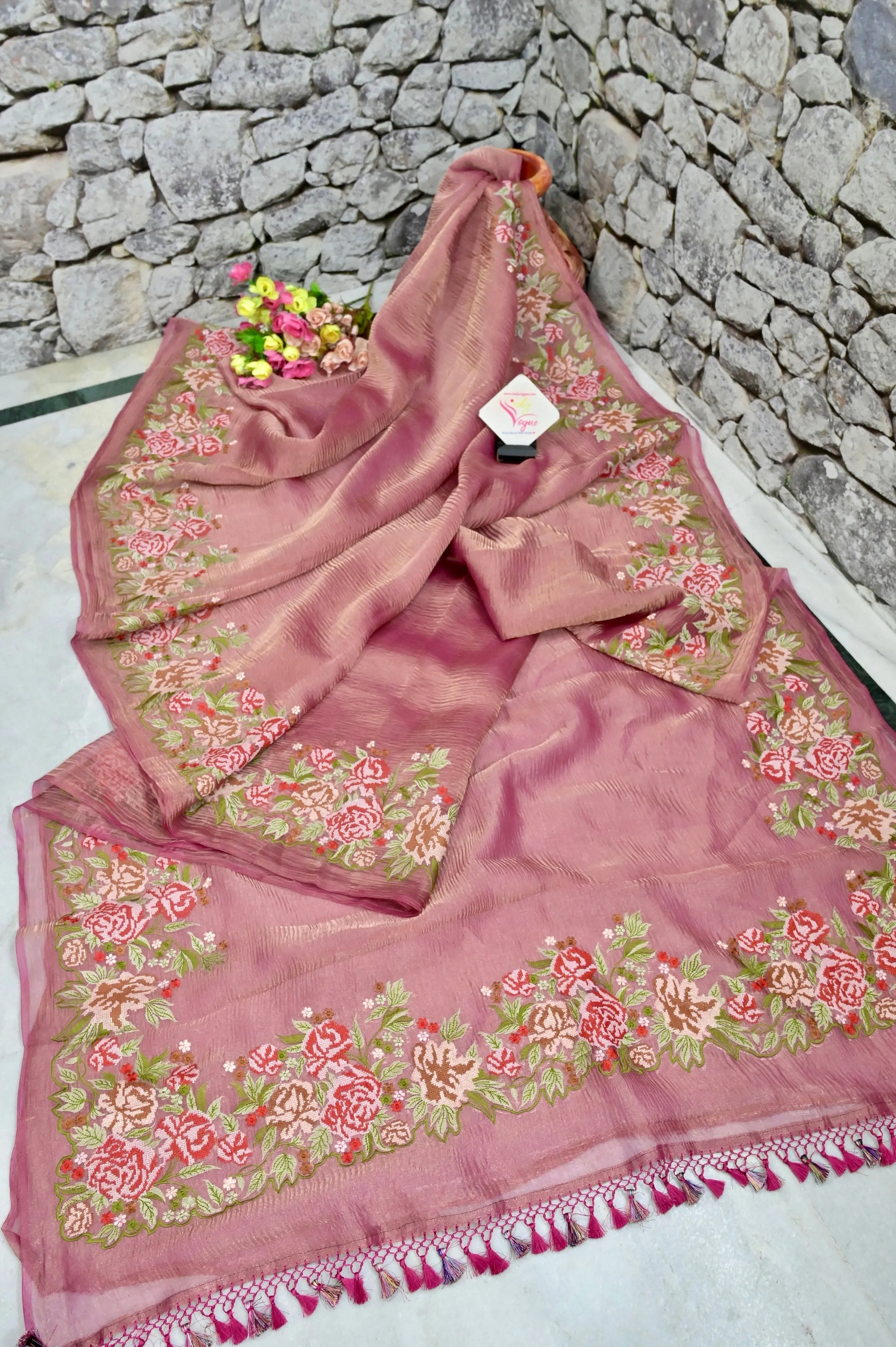 Magenta and Golden Color Dual Toned Crush Tissue Silk with Embroidery Work