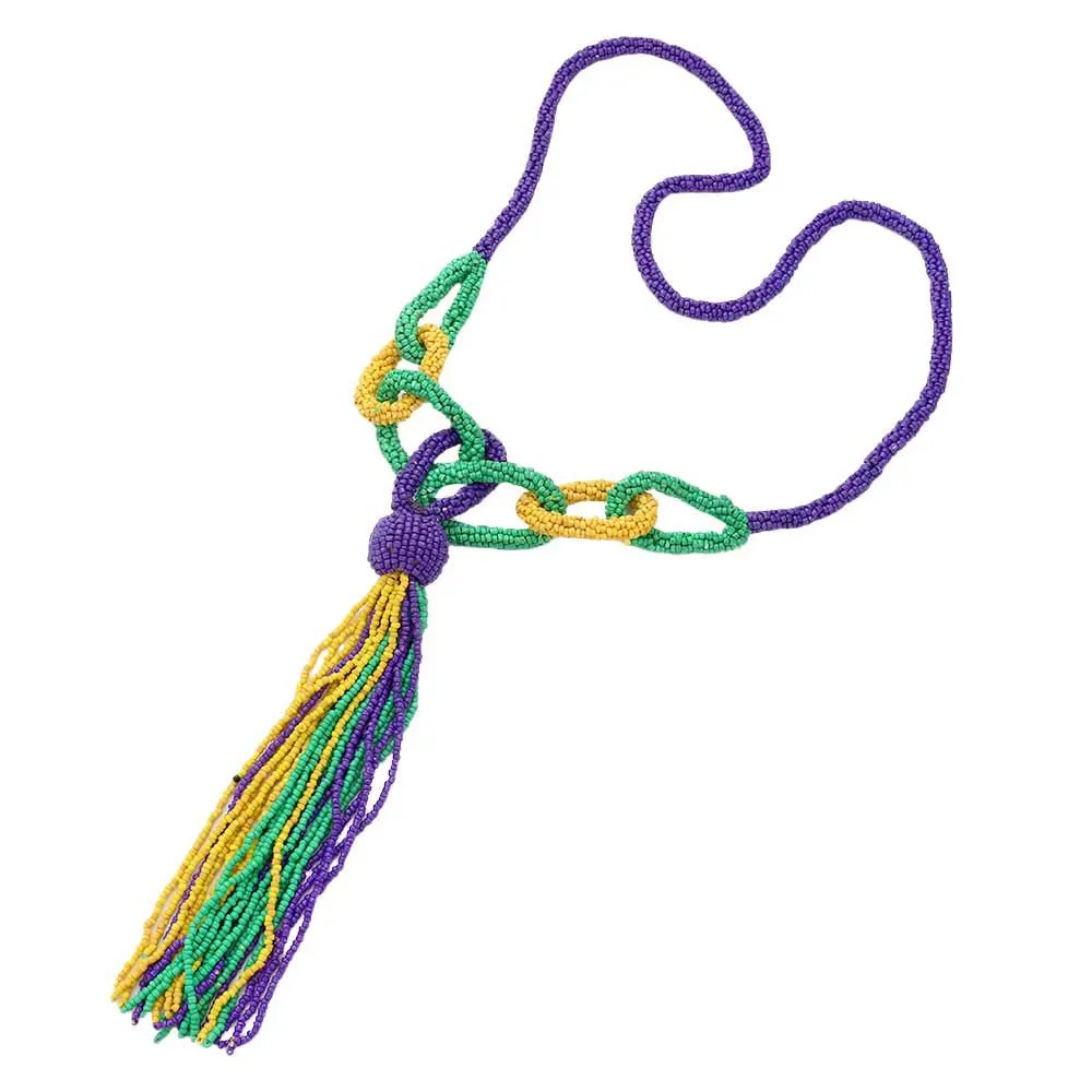 Mardi Gras Seed Bead Knot Fringe Long Necklace