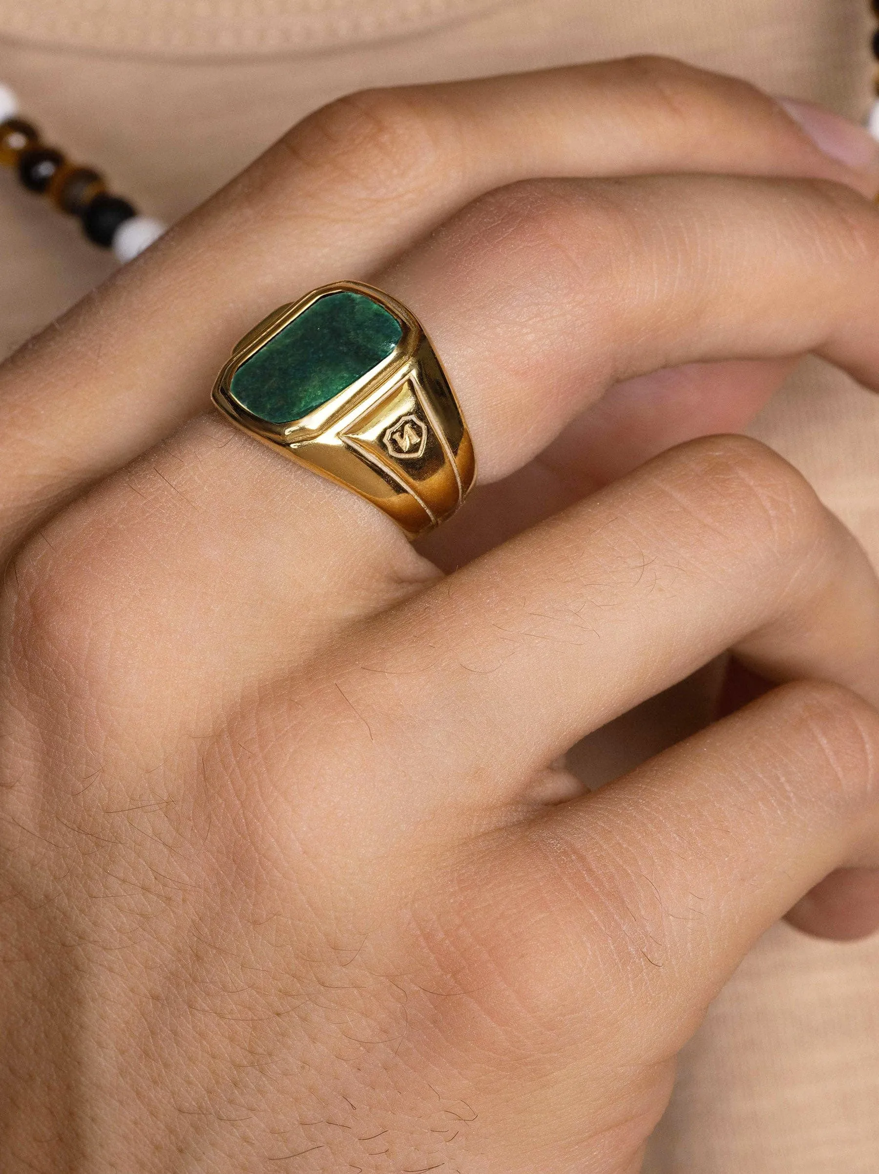 Men's Oblong Gold Plated Signet Ring with Green Jade