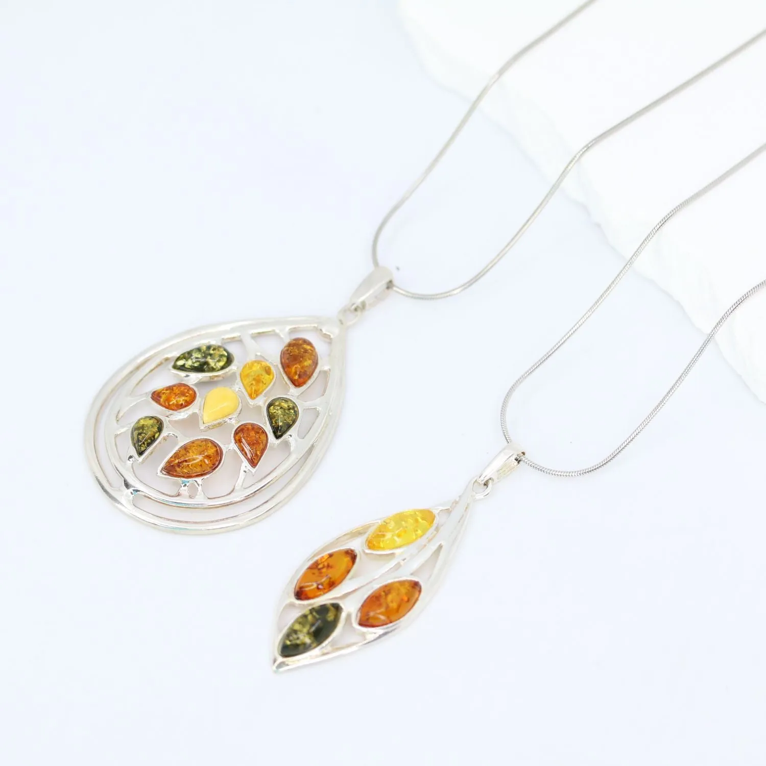 Multi-Color Amber Leaf Pendant in Sterling Silver