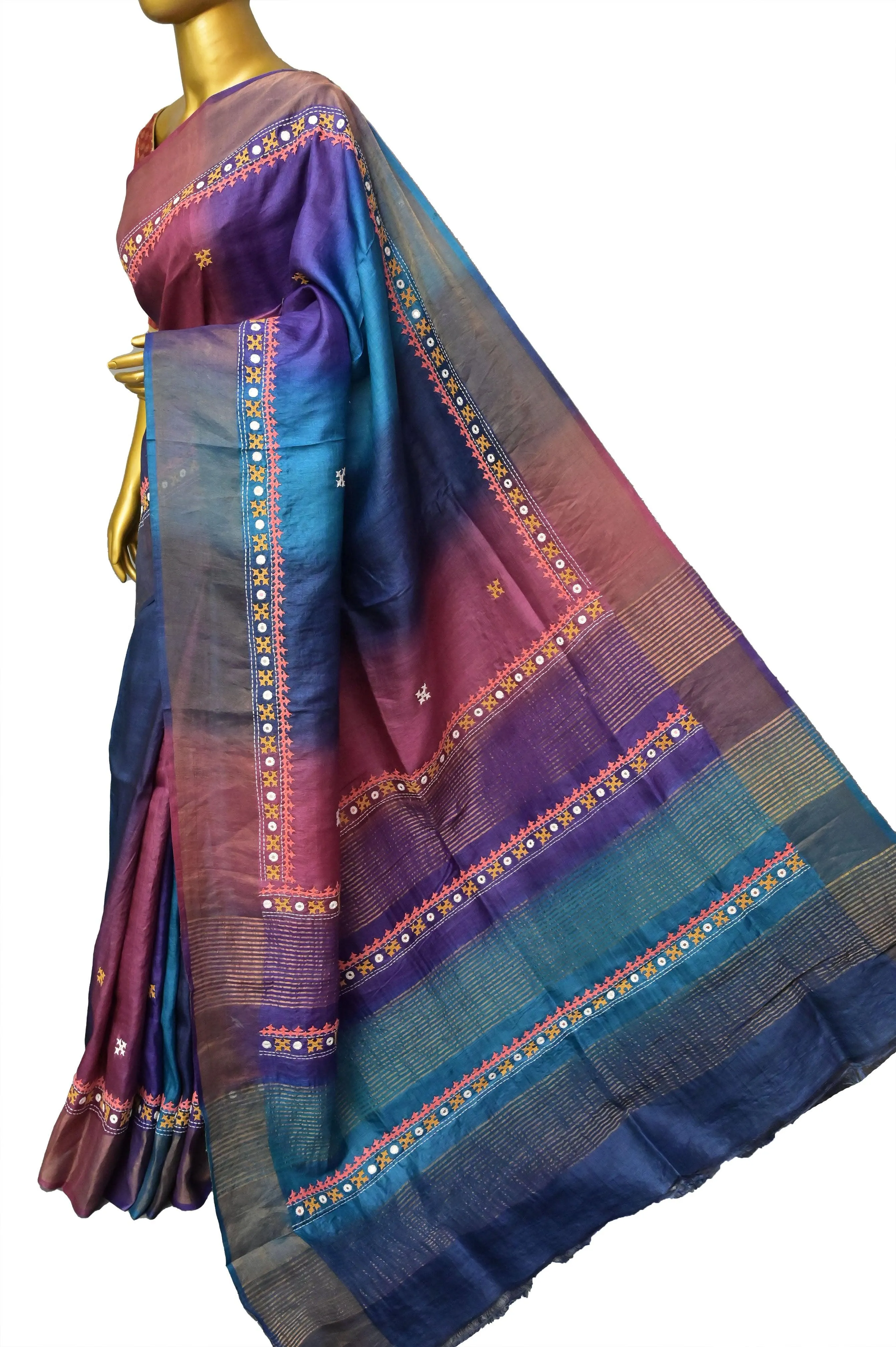 Multicolor Zari Border Tussar Silk with Hand-Dye and Mirror Work