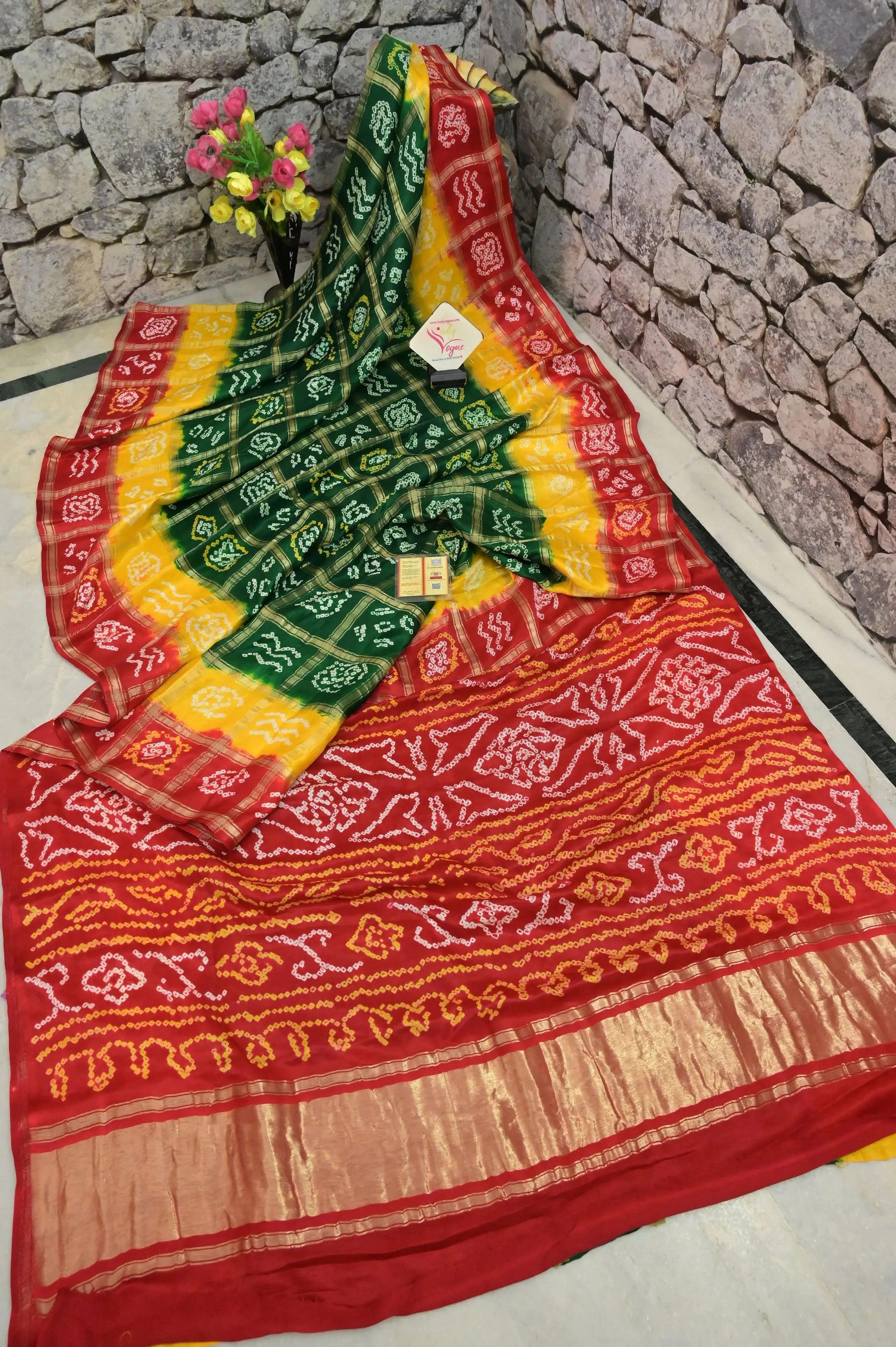 Multicolored Ghazi Silk Gharchola with Hand Bandhani Work