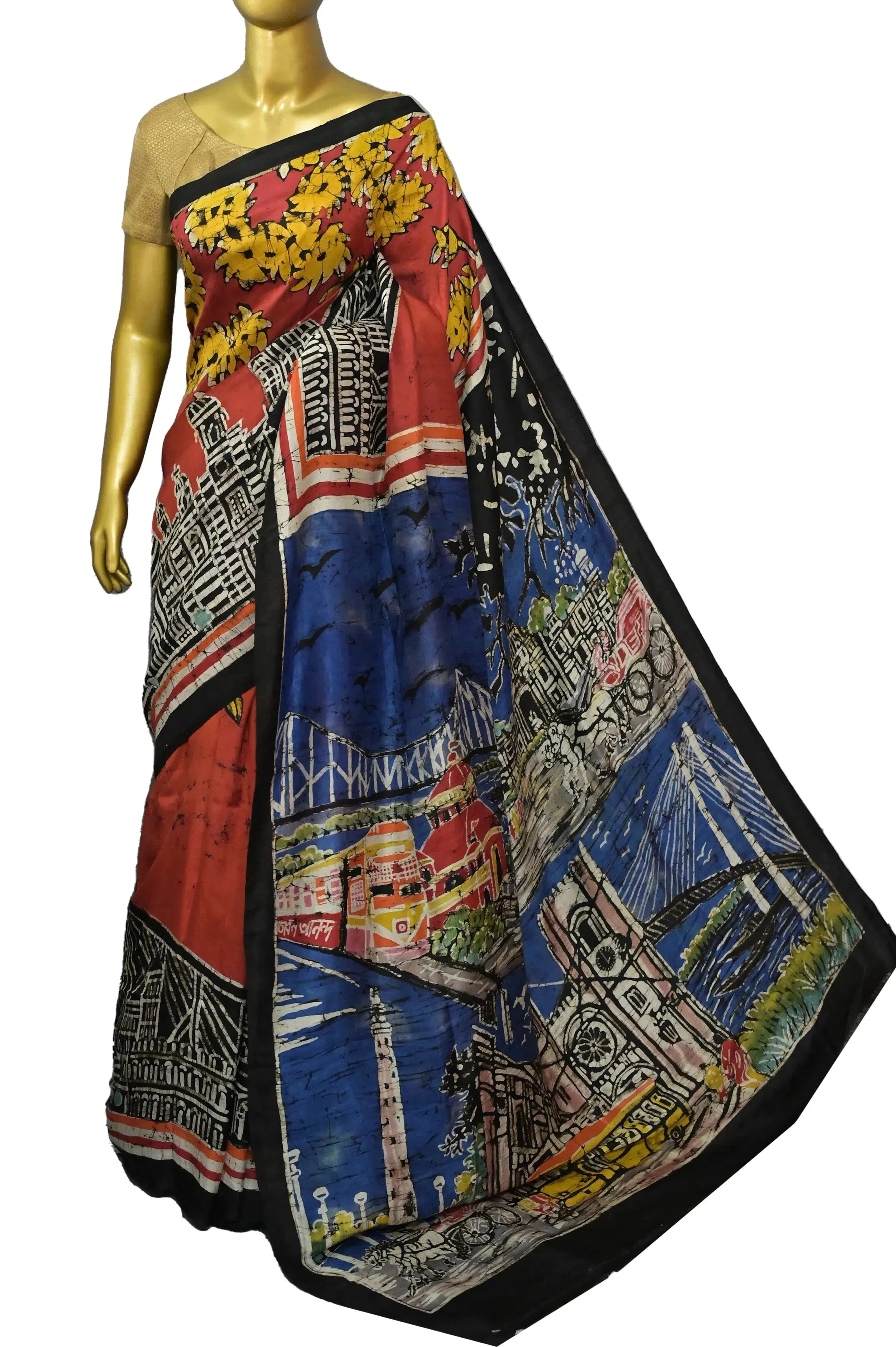 Multicolored Mulberry Silk Saree with Kolkata Theme Hand Paint and Hand Batik Work