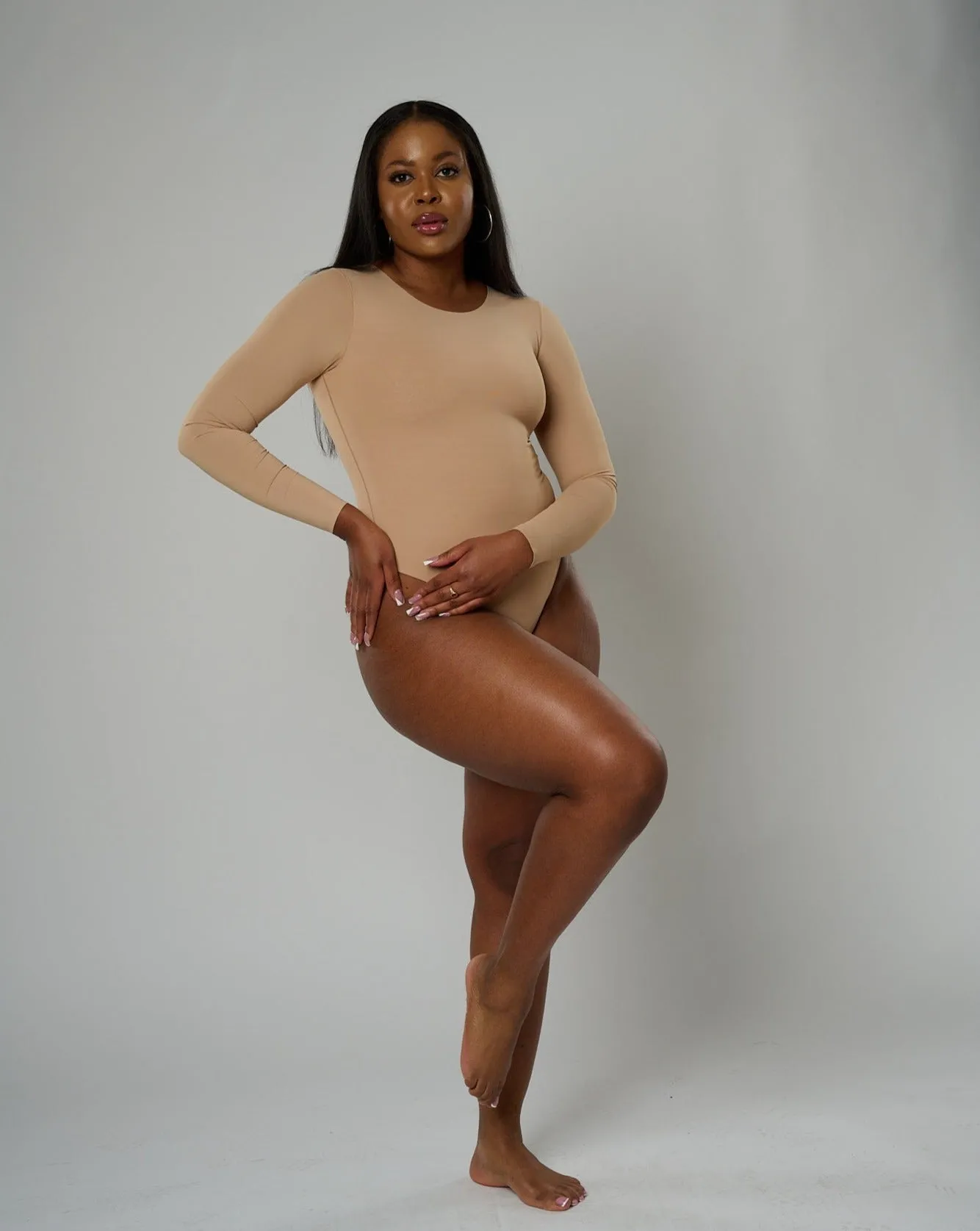 Nadia Long Sleeve Crew Neck Bodysuit - Sand