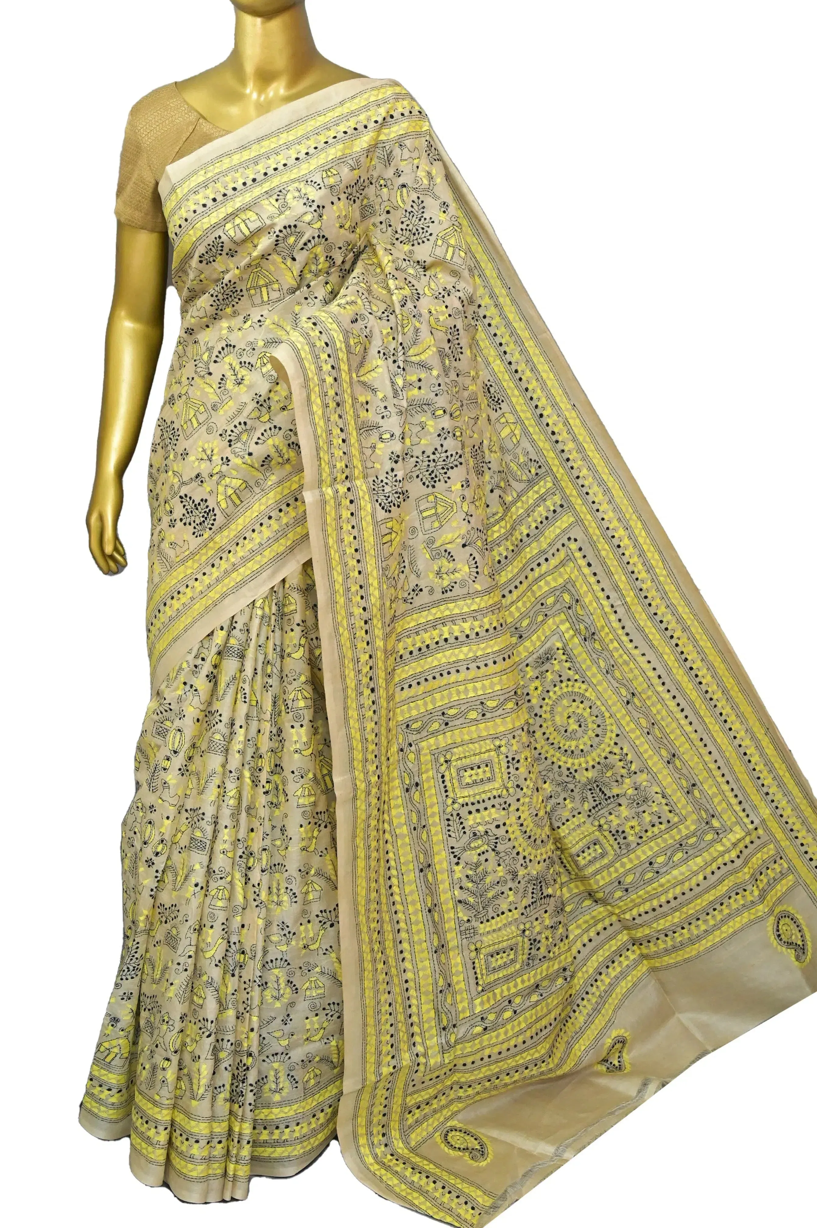 Natural Sand Color Pure Gachi Tussar Silk Saree with Hand Kantha Embroidery in Worli Style