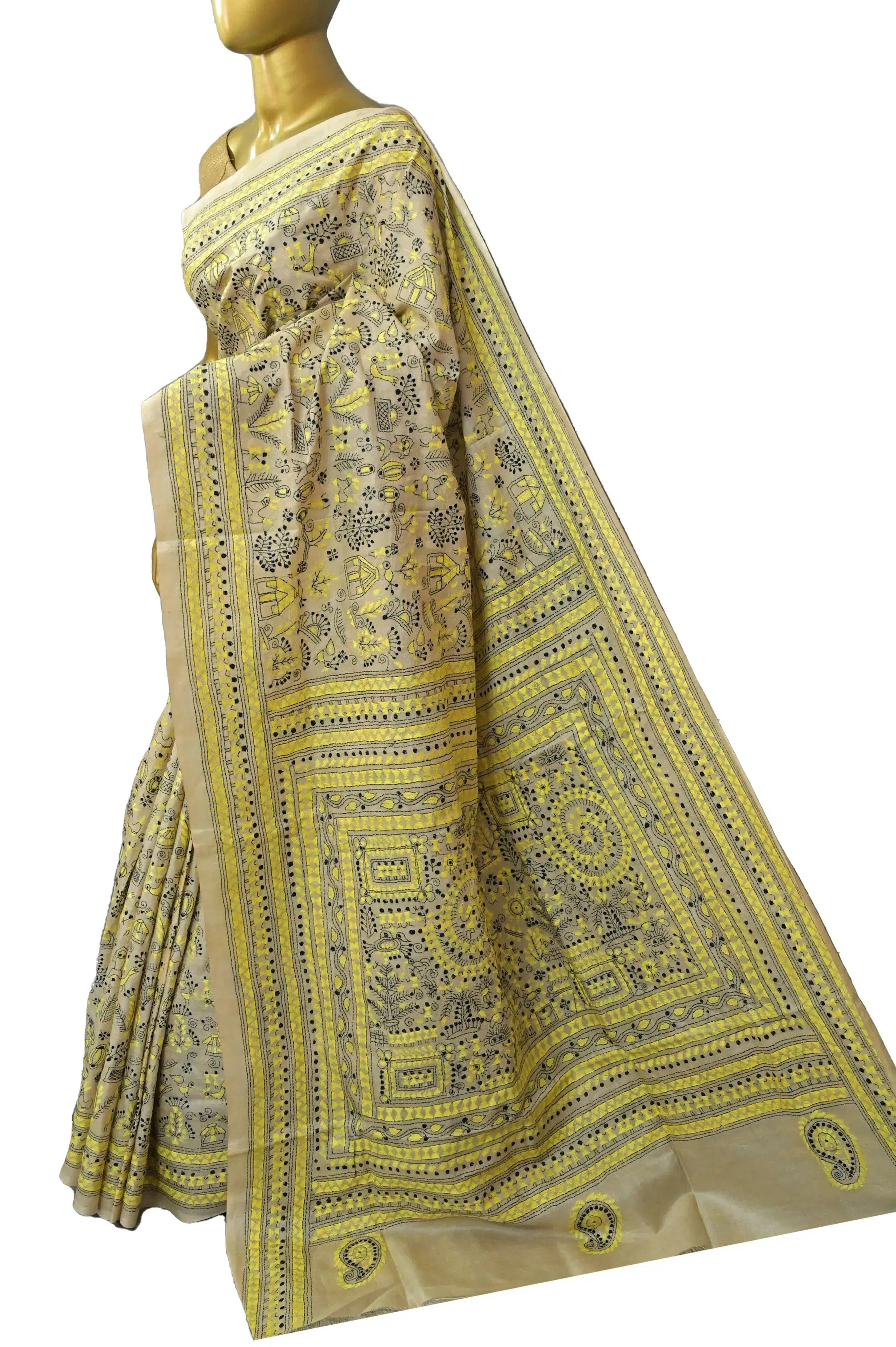 Natural Sand Color Pure Gachi Tussar Silk Saree with Hand Kantha Embroidery in Worli Style