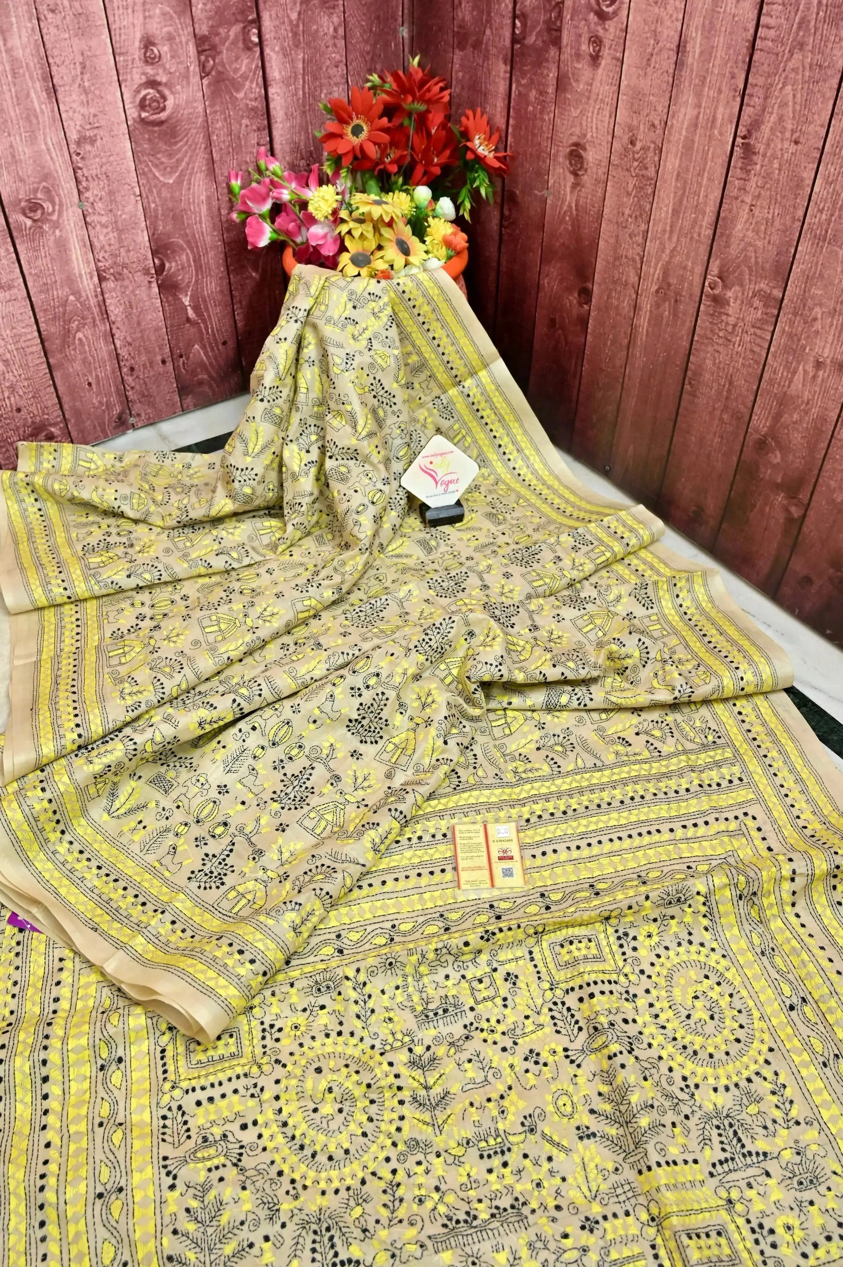 Natural Sand Color Pure Gachi Tussar Silk Saree with Hand Kantha Embroidery in Worli Style