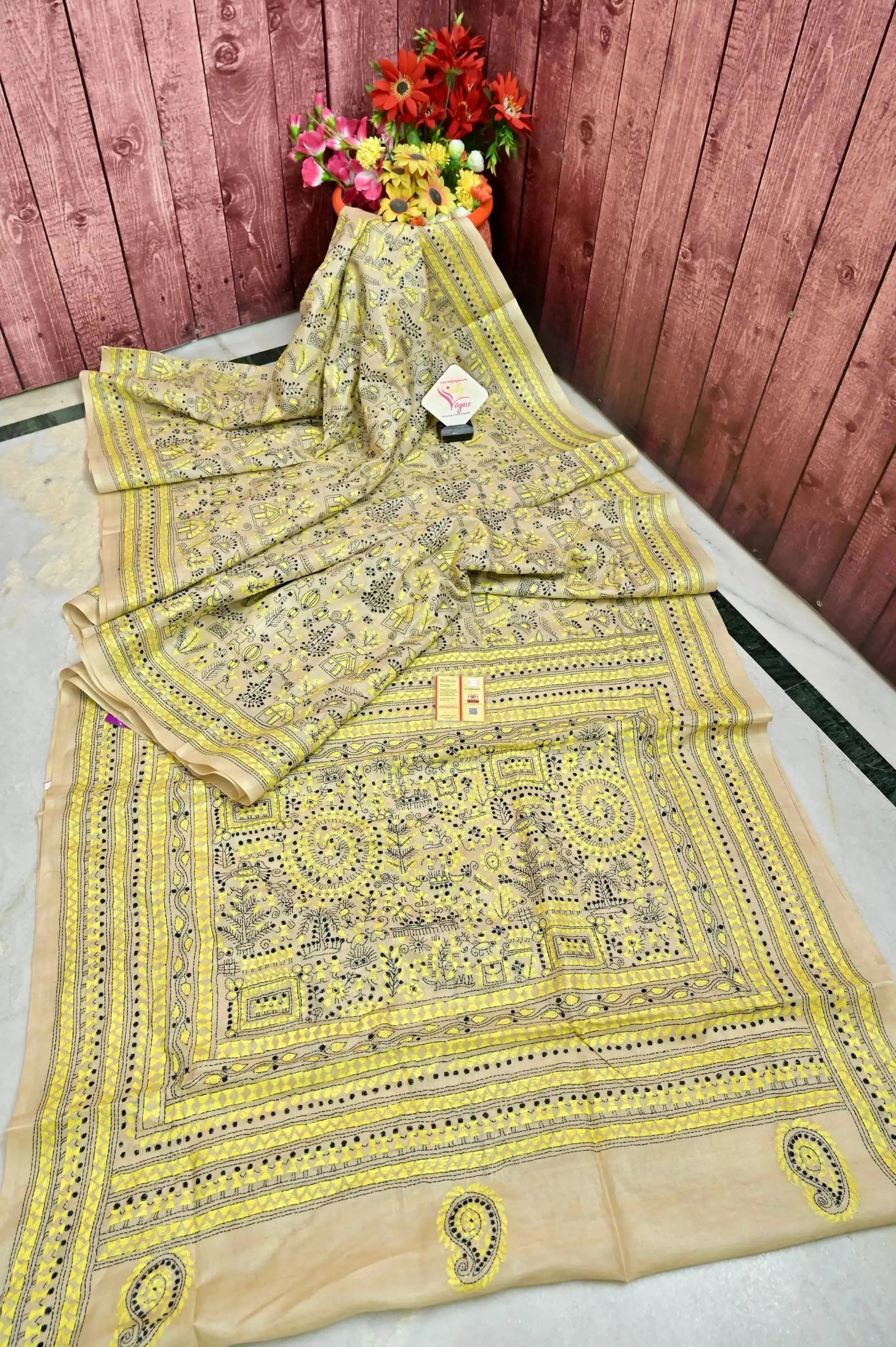 Natural Sand Color Pure Gachi Tussar Silk Saree with Hand Kantha Embroidery in Worli Style