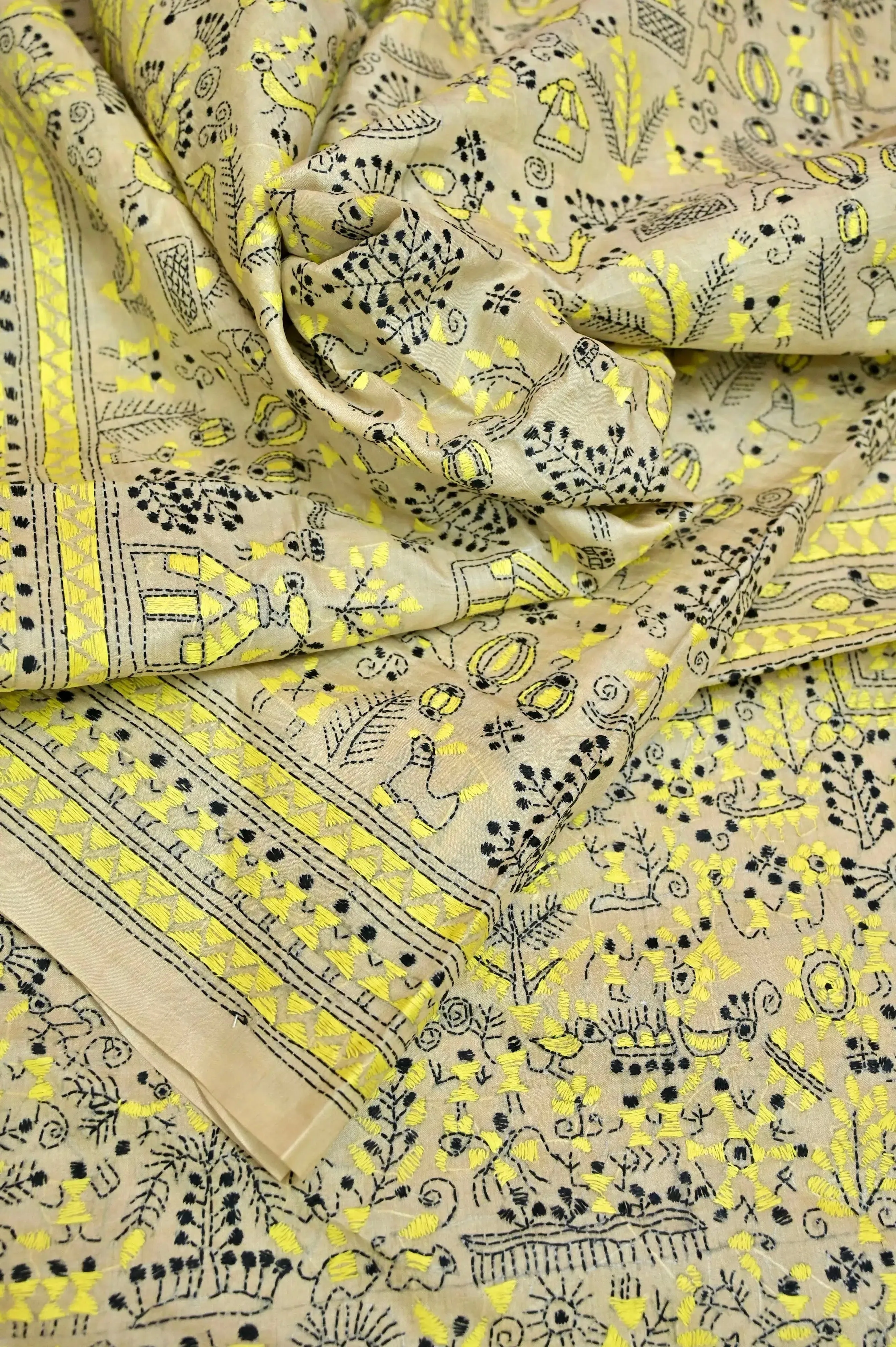 Natural Sand Color Pure Gachi Tussar Silk Saree with Hand Kantha Embroidery in Worli Style