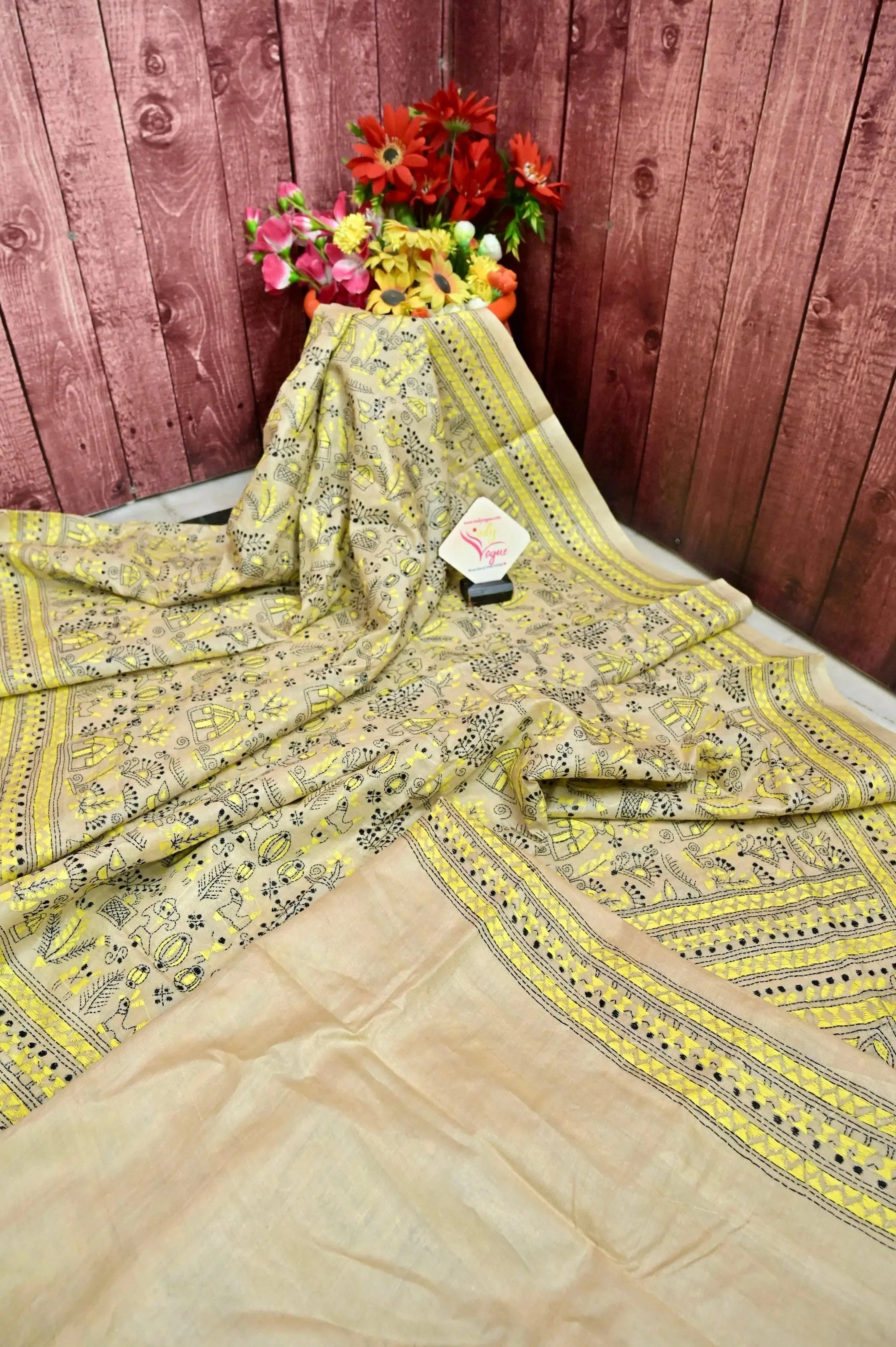 Natural Sand Color Pure Gachi Tussar Silk Saree with Hand Kantha Embroidery in Worli Style