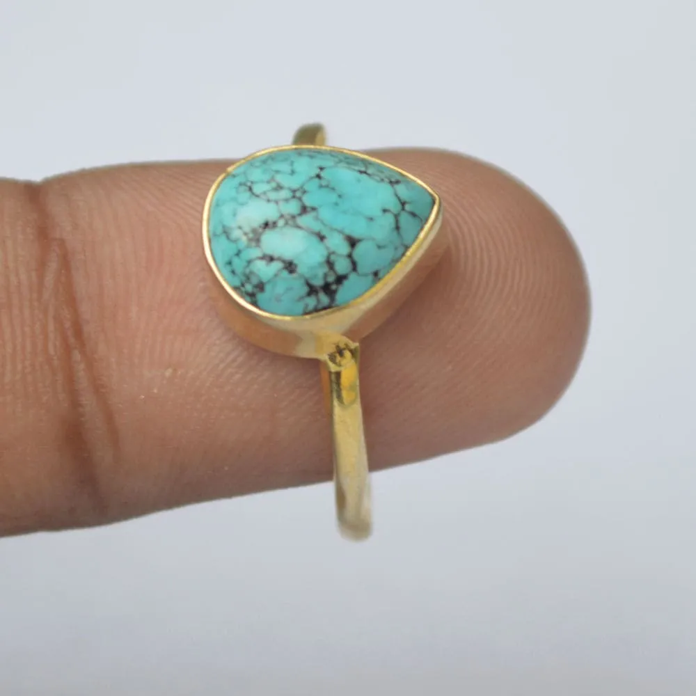 Natural Tibetan Turquoise Gemstone 925 Sterling Silver Ring, Yellow Gold Plated Ring, Gift Ring