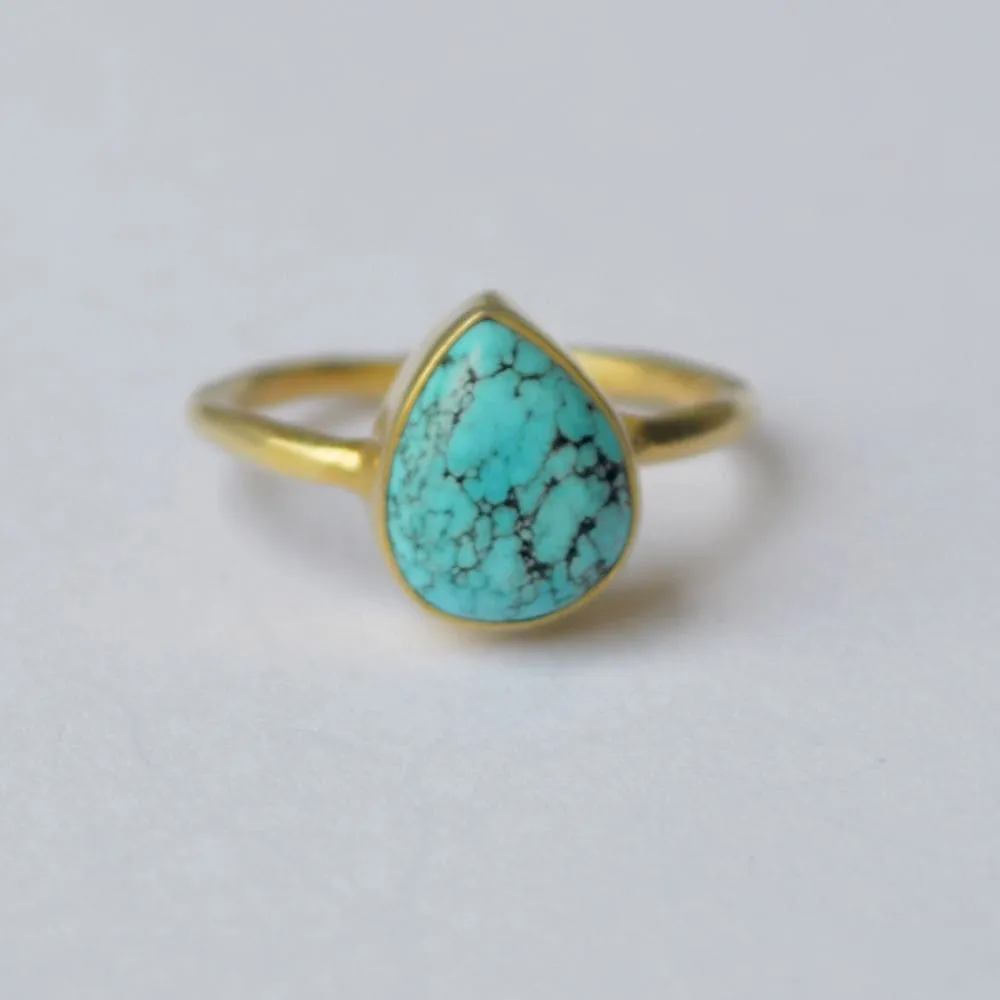 Natural Tibetan Turquoise Gemstone 925 Sterling Silver Ring, Yellow Gold Plated Ring, Gift Ring