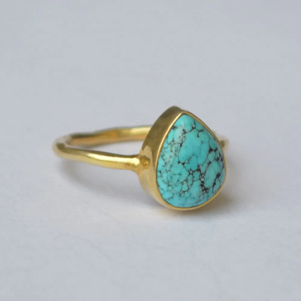 Natural Tibetan Turquoise Gemstone 925 Sterling Silver Ring, Yellow Gold Plated Ring, Gift Ring