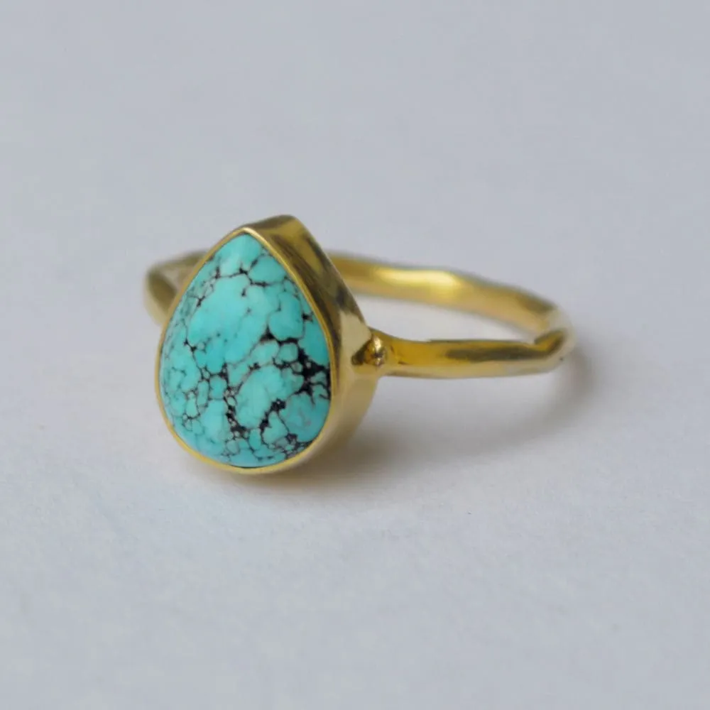 Natural Tibetan Turquoise Gemstone 925 Sterling Silver Ring, Yellow Gold Plated Ring, Gift Ring