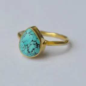 Natural Tibetan Turquoise Gemstone 925 Sterling Silver Ring, Yellow Gold Plated Ring, Gift Ring