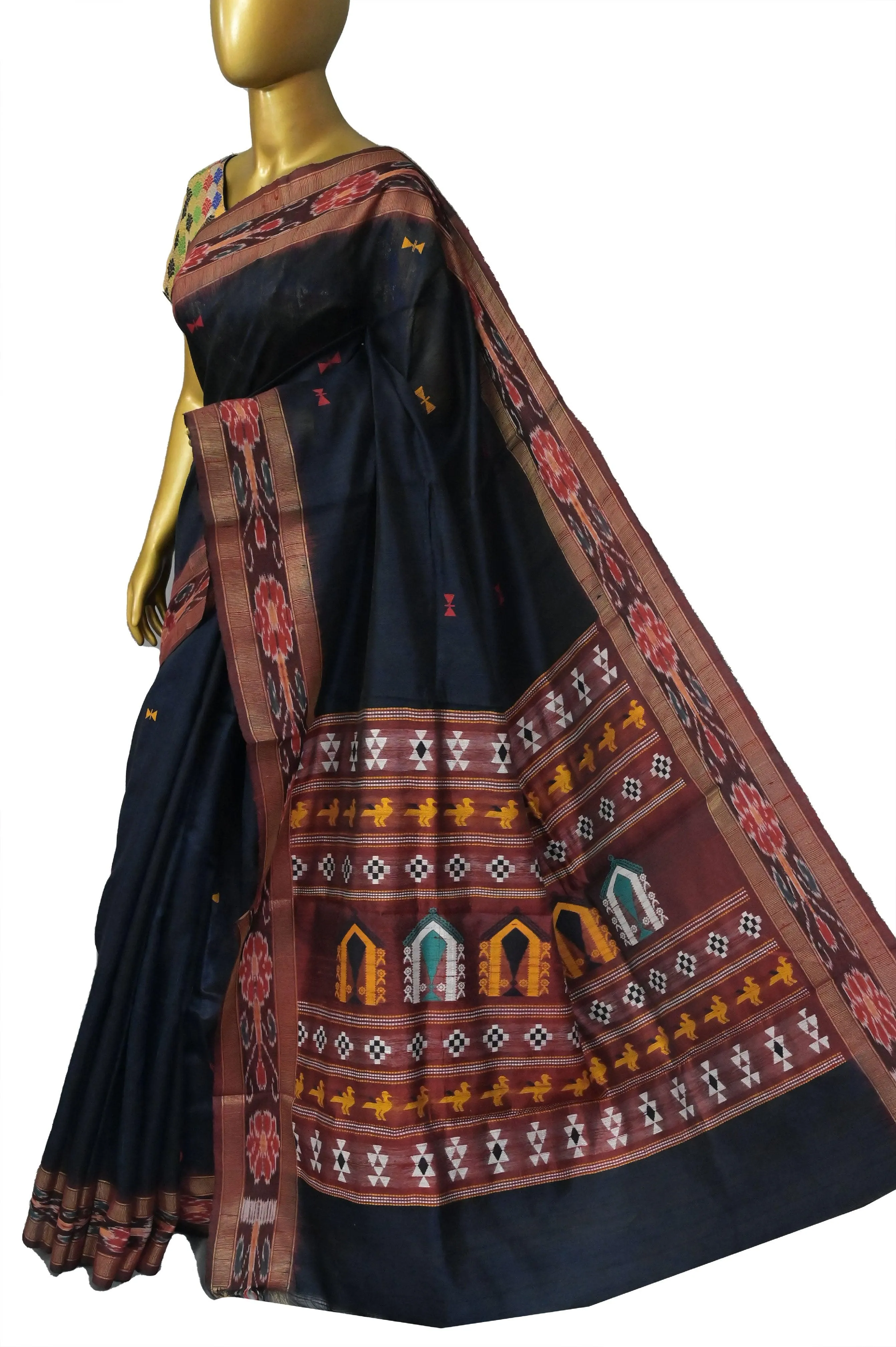 Navy Blue Color Raw Silk Saree with Sambalpuri Border and Dolabedi Pallu