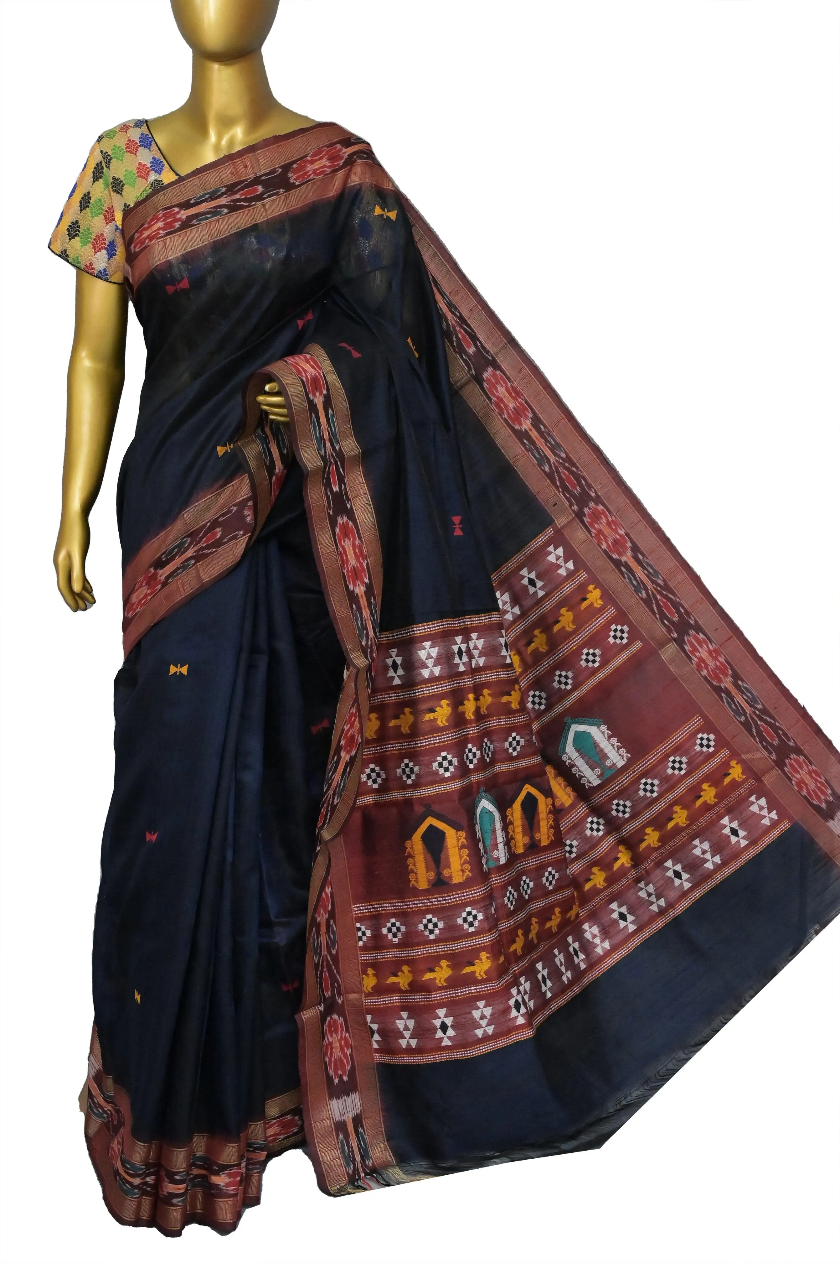 Navy Blue Color Raw Silk Saree with Sambalpuri Border and Dolabedi Pallu