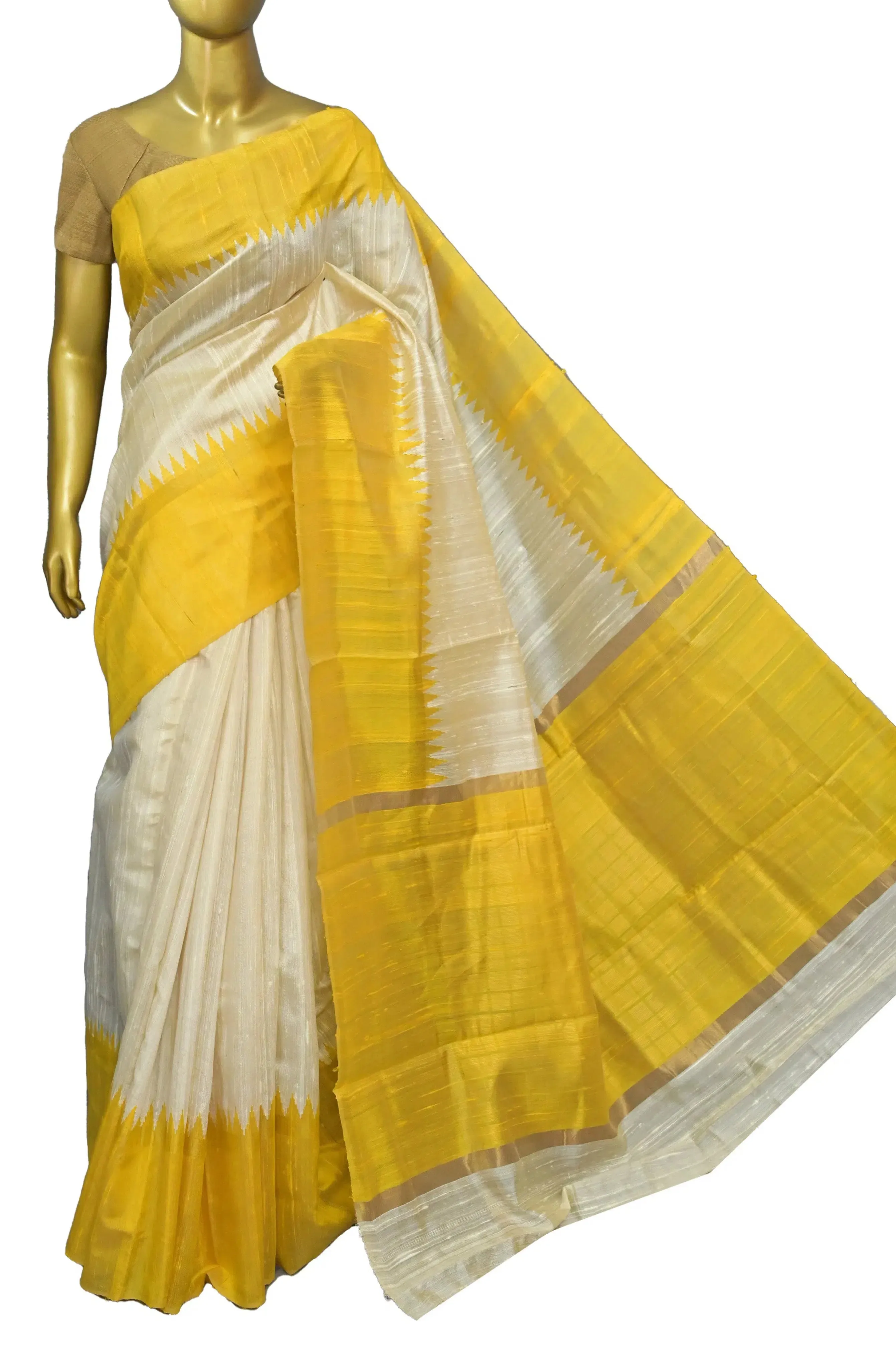 Offwhite and Yellow Color Pure Raw Silk Saree