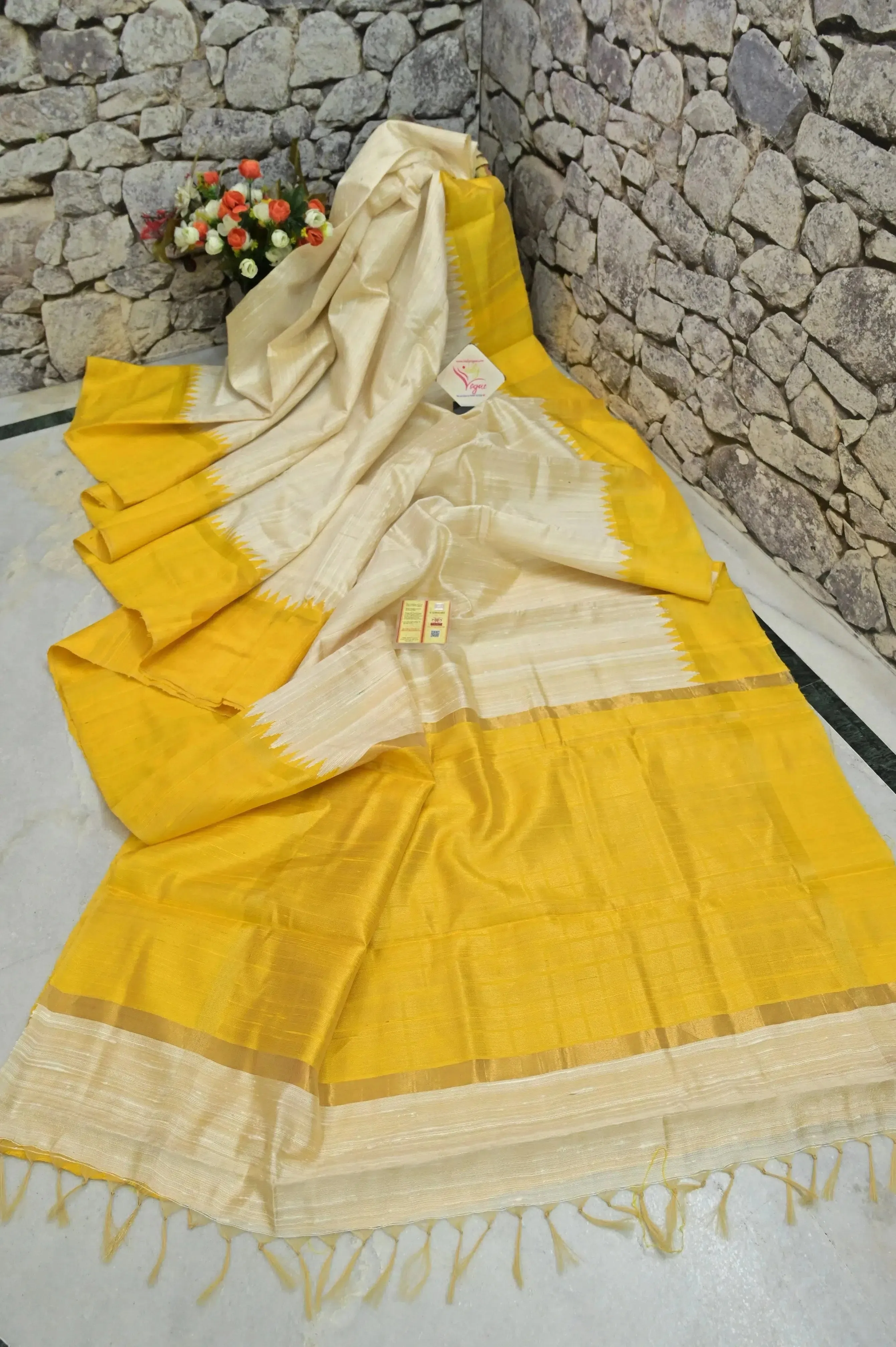 Offwhite and Yellow Color Pure Raw Silk Saree