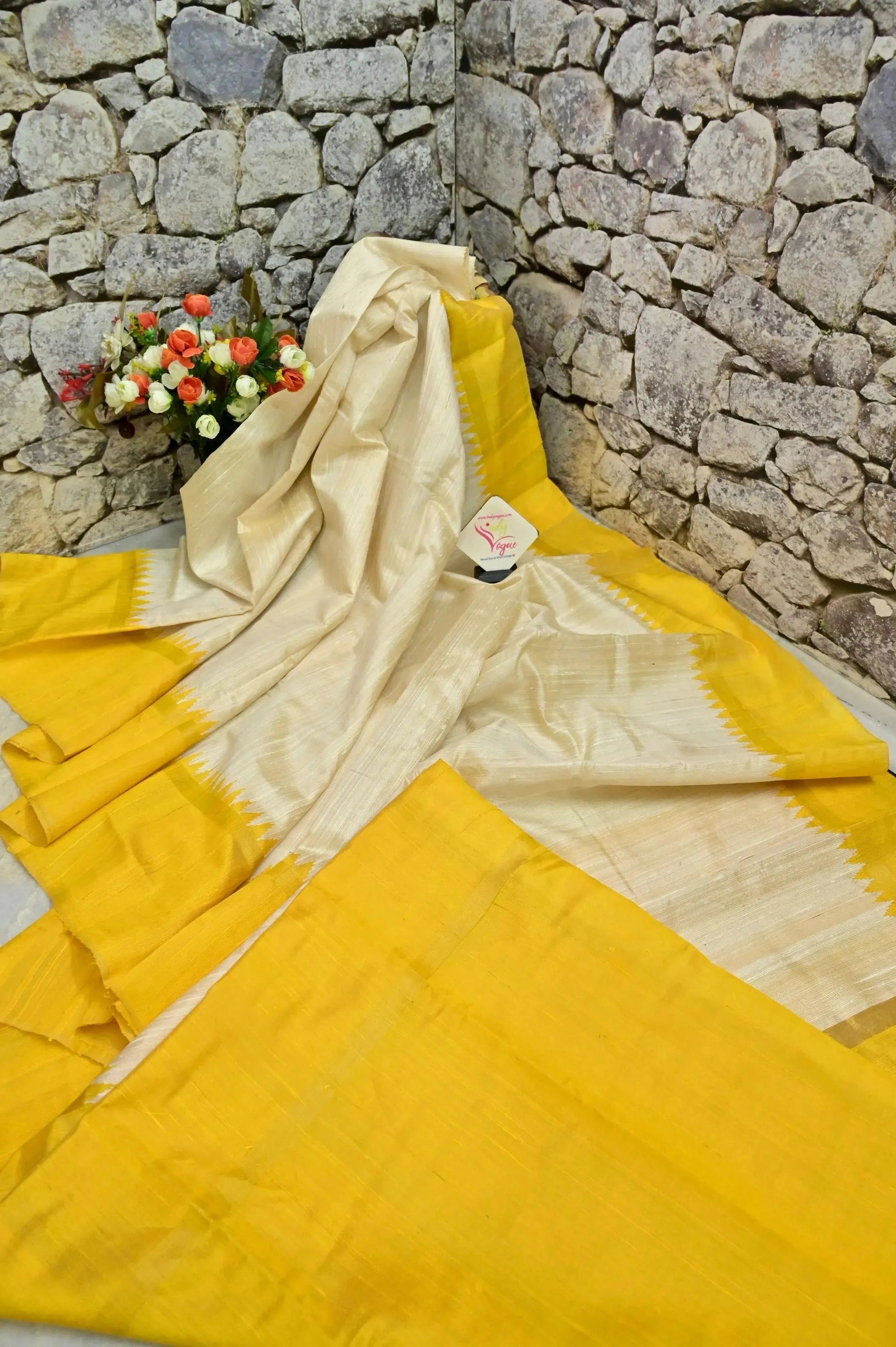 Offwhite and Yellow Color Pure Raw Silk Saree