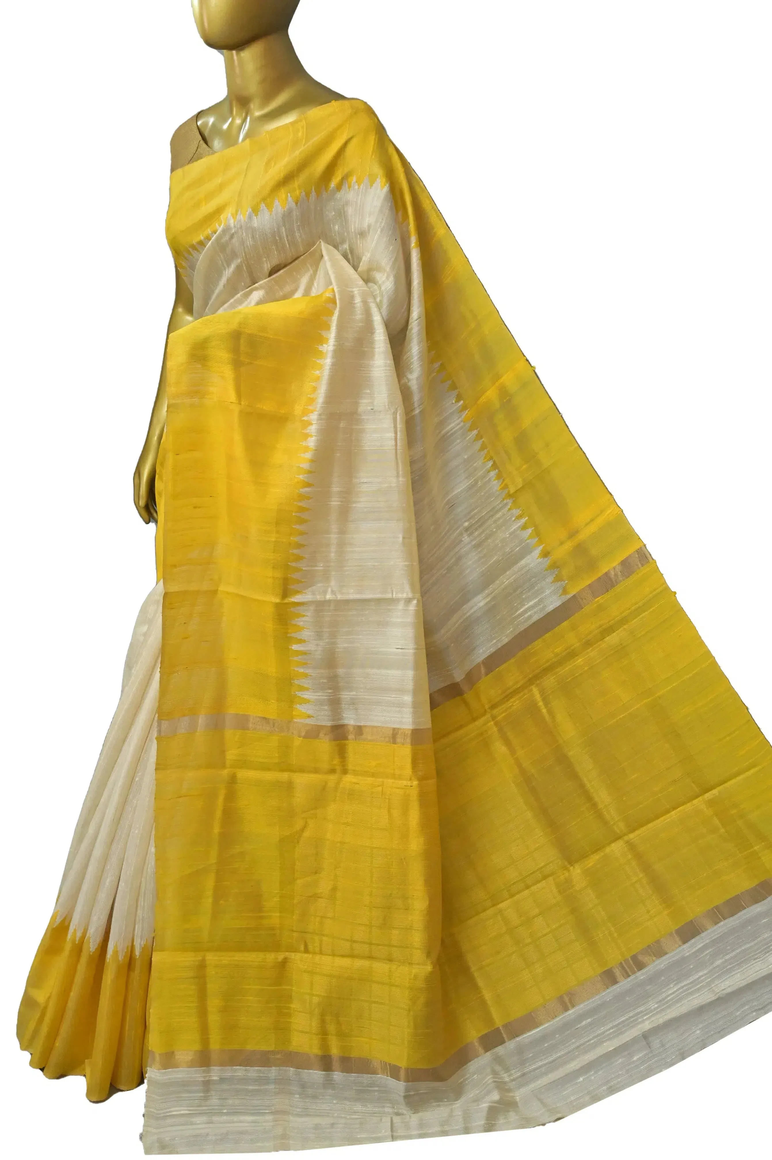 Offwhite and Yellow Color Pure Raw Silk Saree