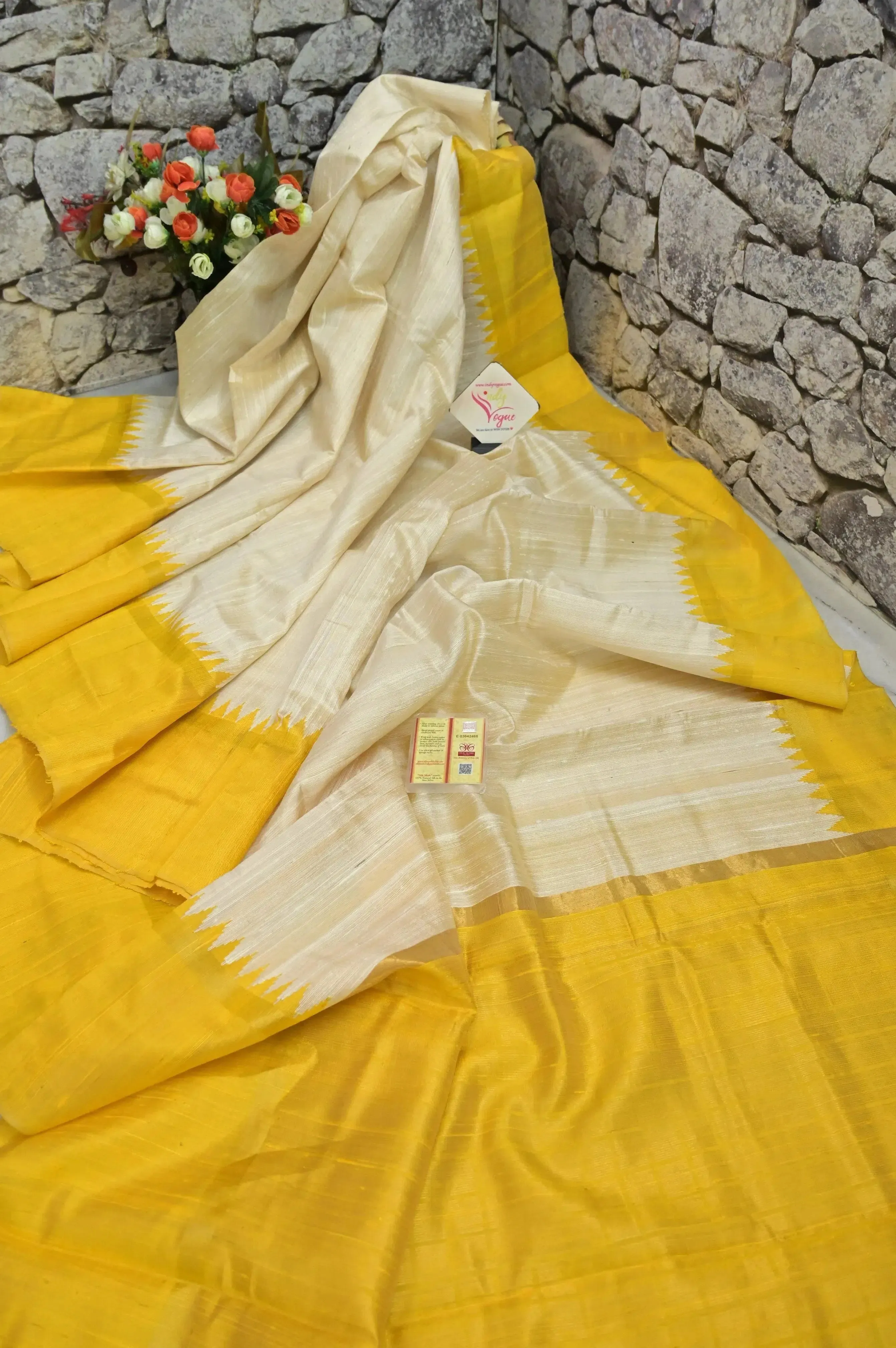 Offwhite and Yellow Color Pure Raw Silk Saree