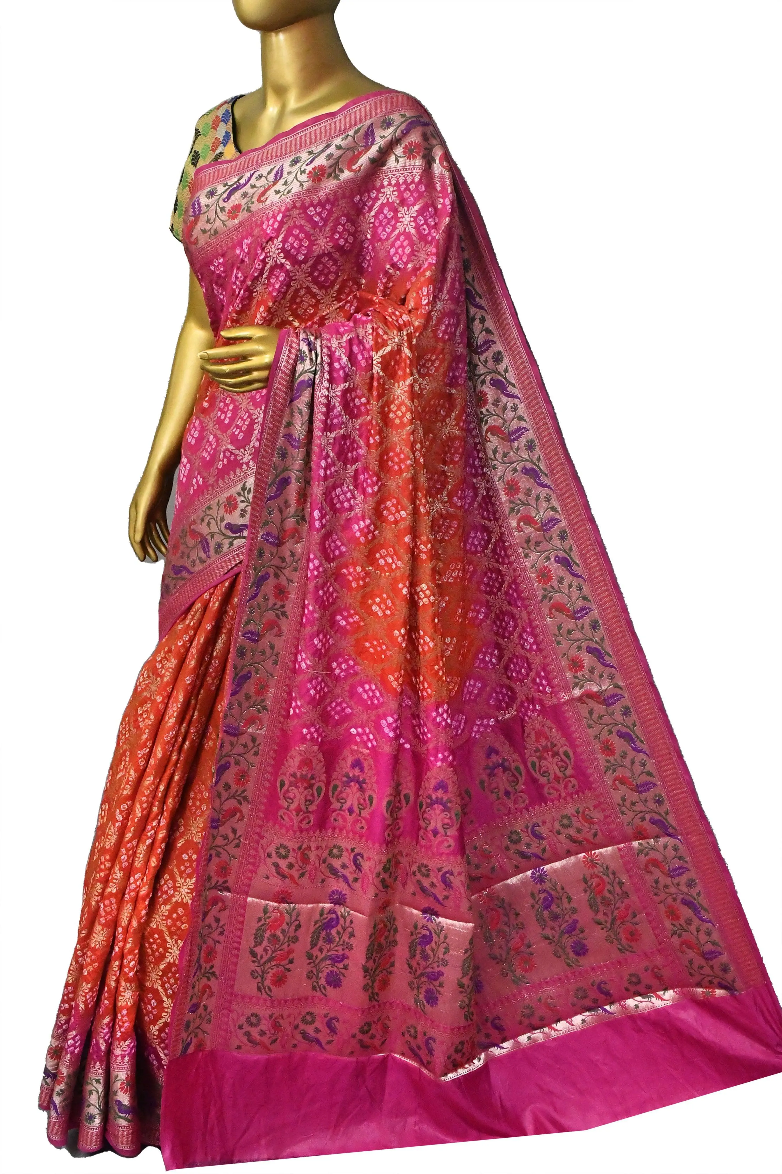 Orange and Magenta Color Dupion Silk Saree with Paithani Design & Hand Bandhani Works