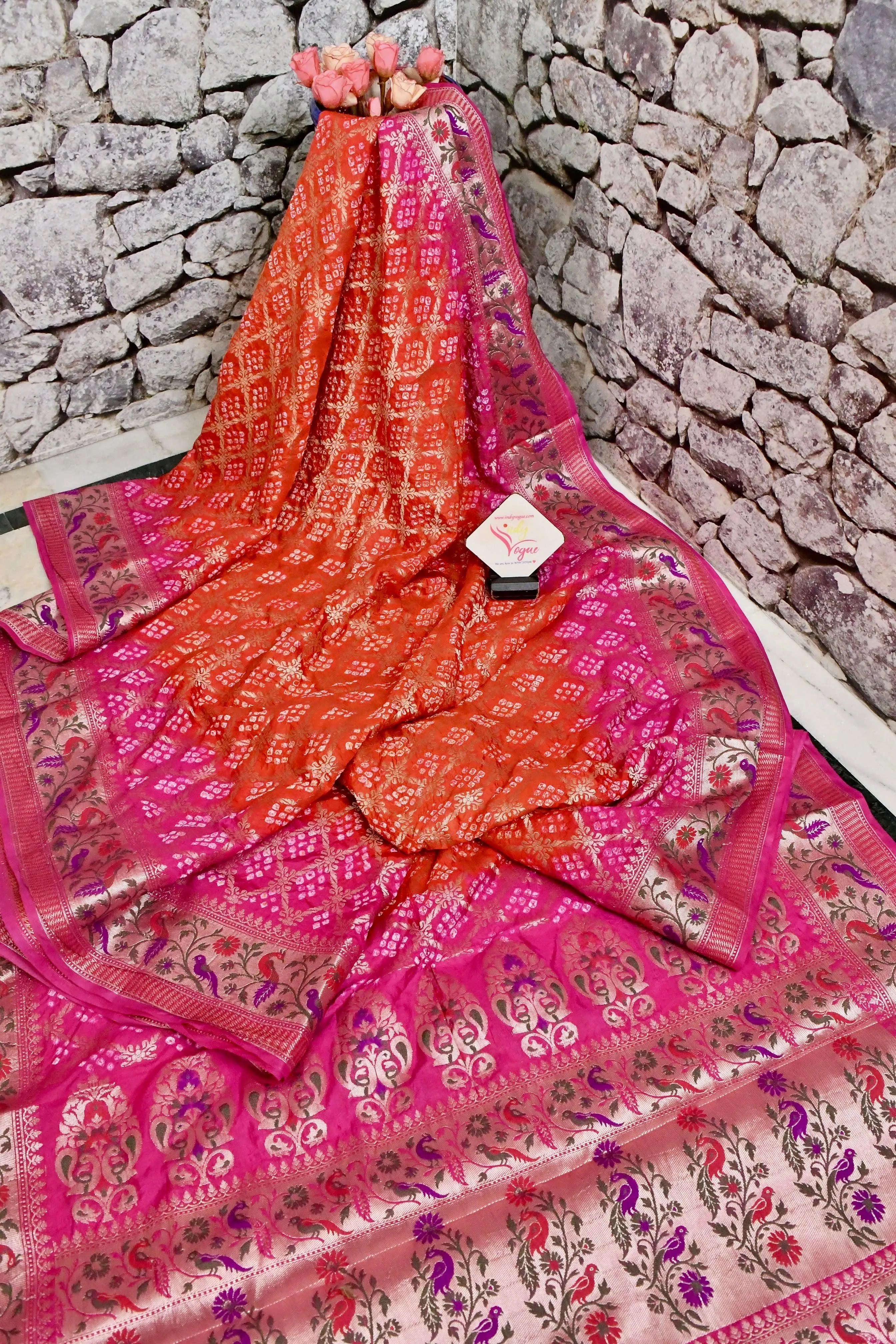 Orange and Magenta Color Dupion Silk Saree with Paithani Design & Hand Bandhani Works