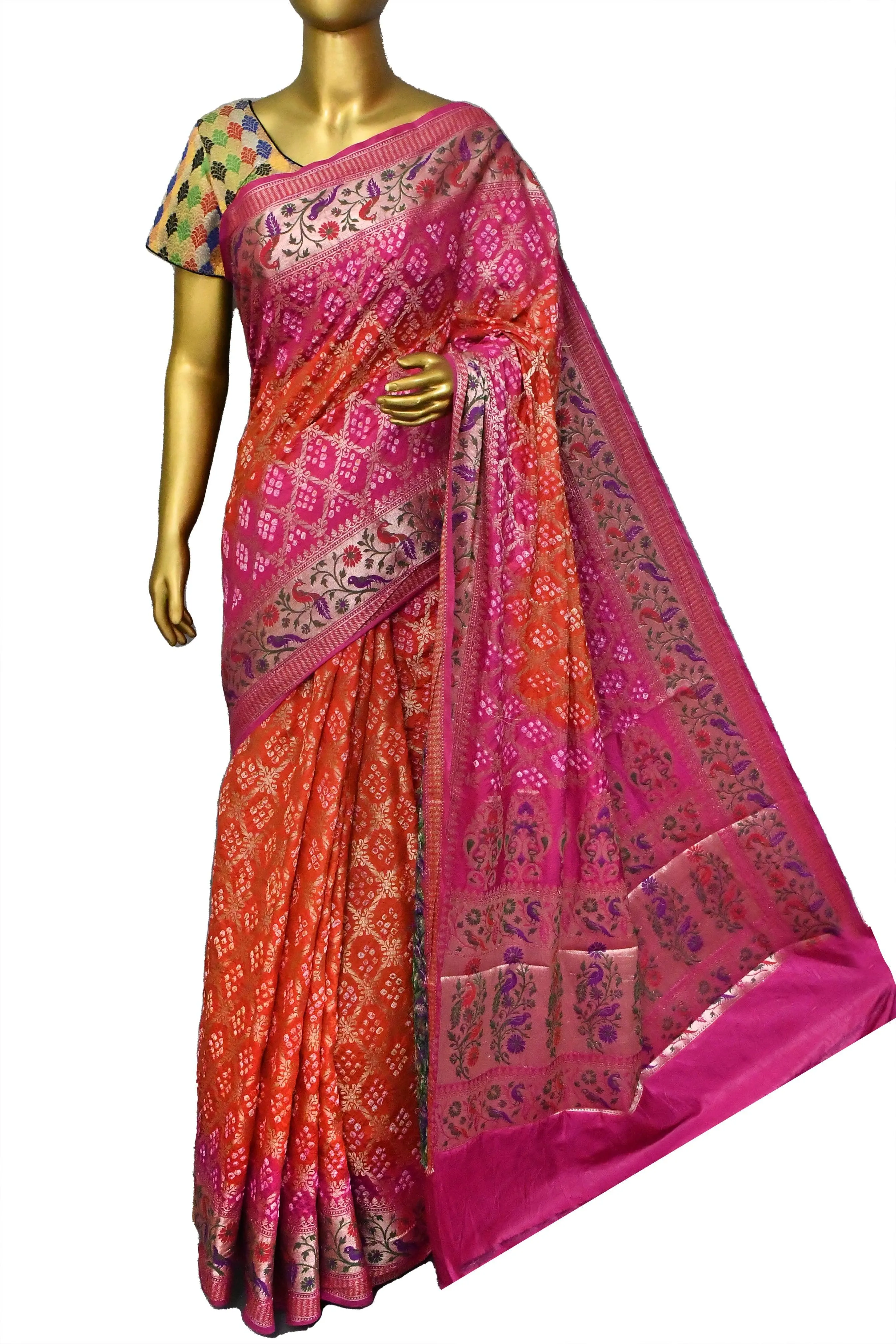 Orange and Magenta Color Dupion Silk Saree with Paithani Design & Hand Bandhani Works