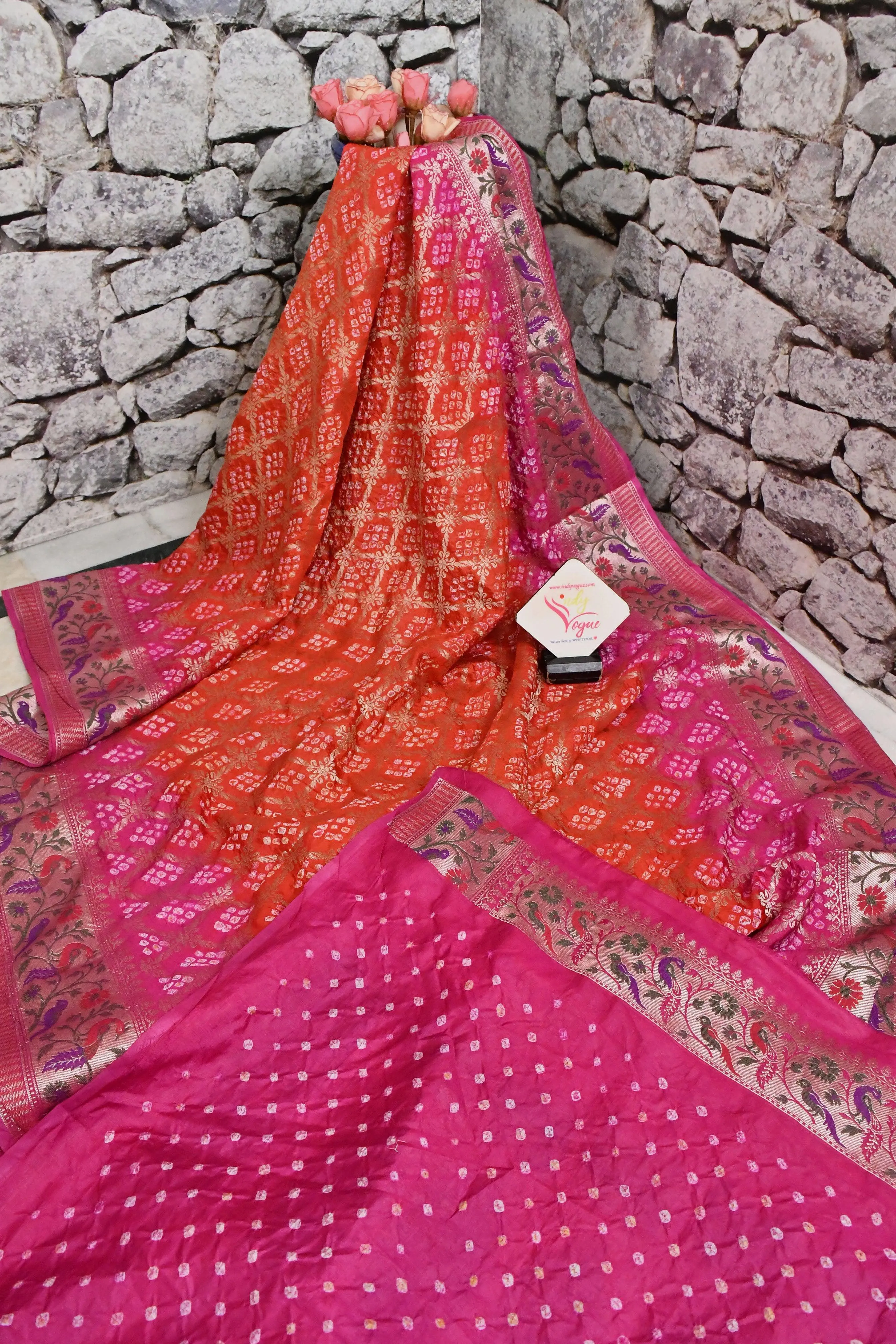 Orange and Magenta Color Dupion Silk Saree with Paithani Design & Hand Bandhani Works