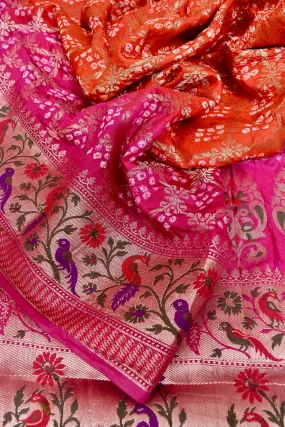 Orange and Magenta Color Dupion Silk Saree with Paithani Design & Hand Bandhani Works