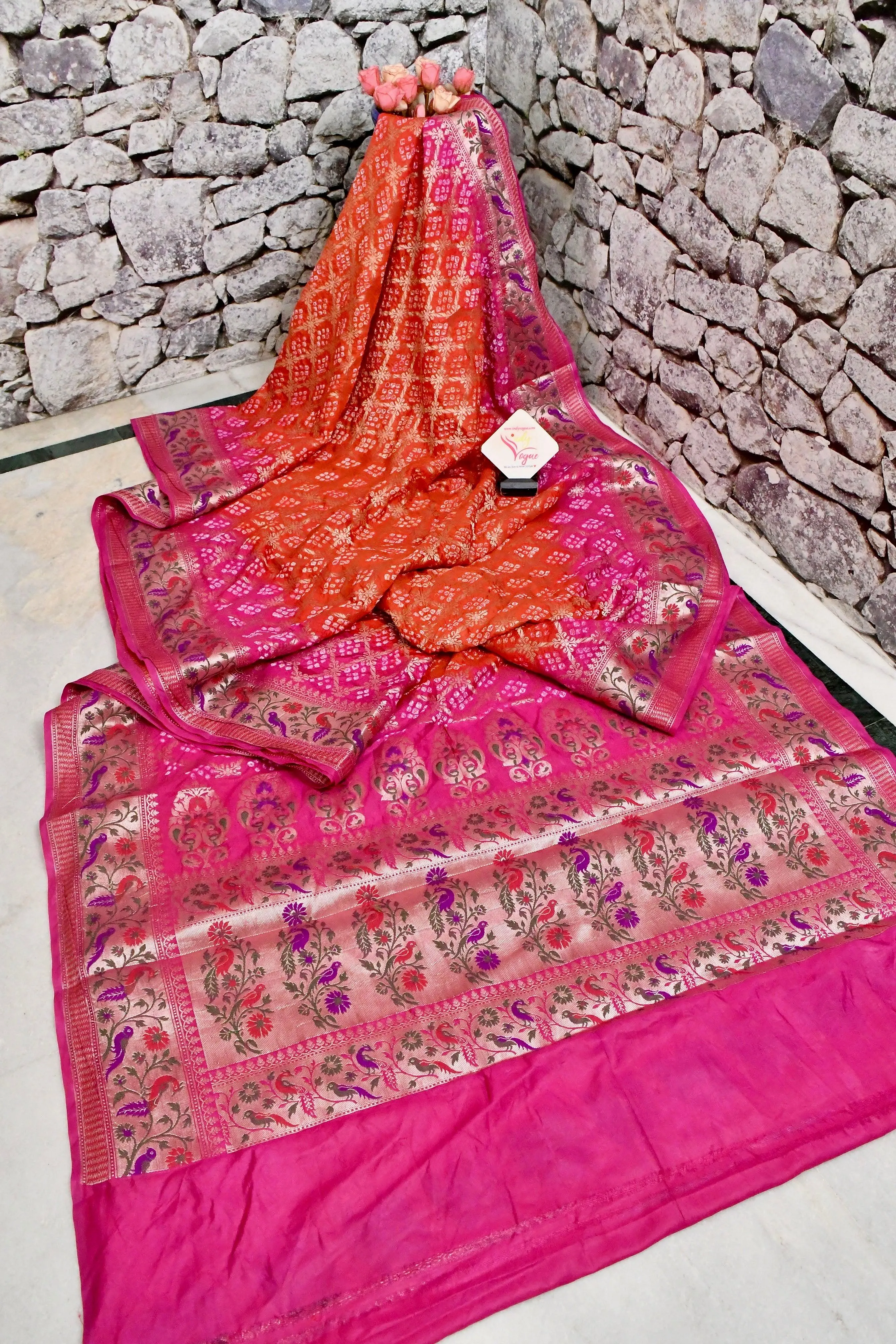 Orange and Magenta Color Dupion Silk Saree with Paithani Design & Hand Bandhani Works