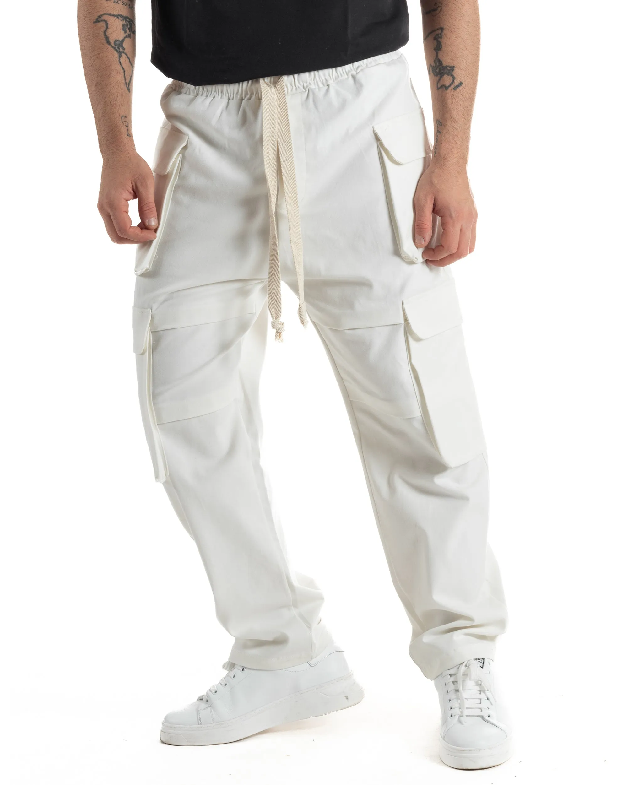 Pantaloni Uomo Pantalaccio Con Tasconi Cargo Baggy Bianco Coulisse Fondo Largo GIOSAL-P6007A