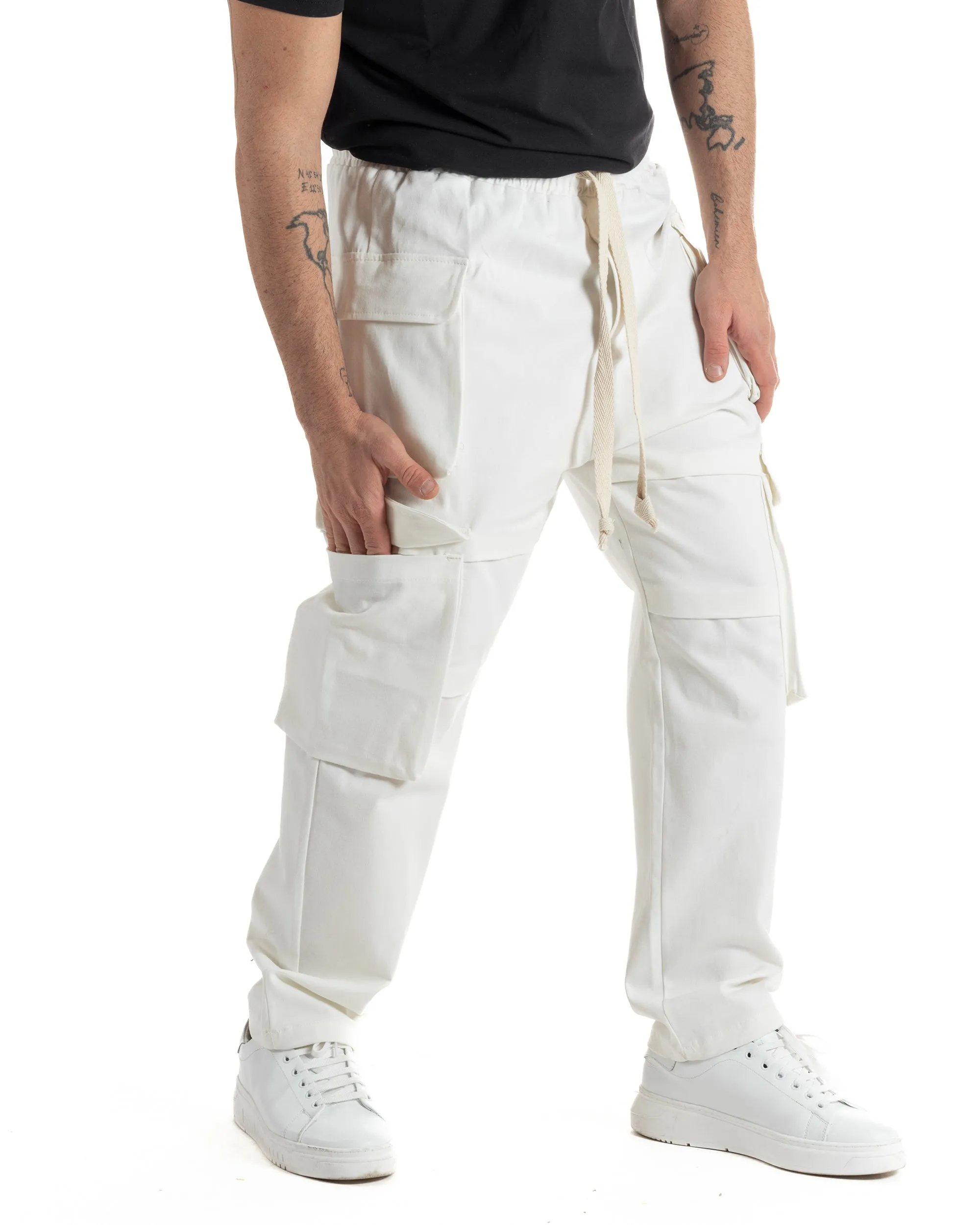 Pantaloni Uomo Pantalaccio Con Tasconi Cargo Baggy Bianco Coulisse Fondo Largo GIOSAL-P6007A