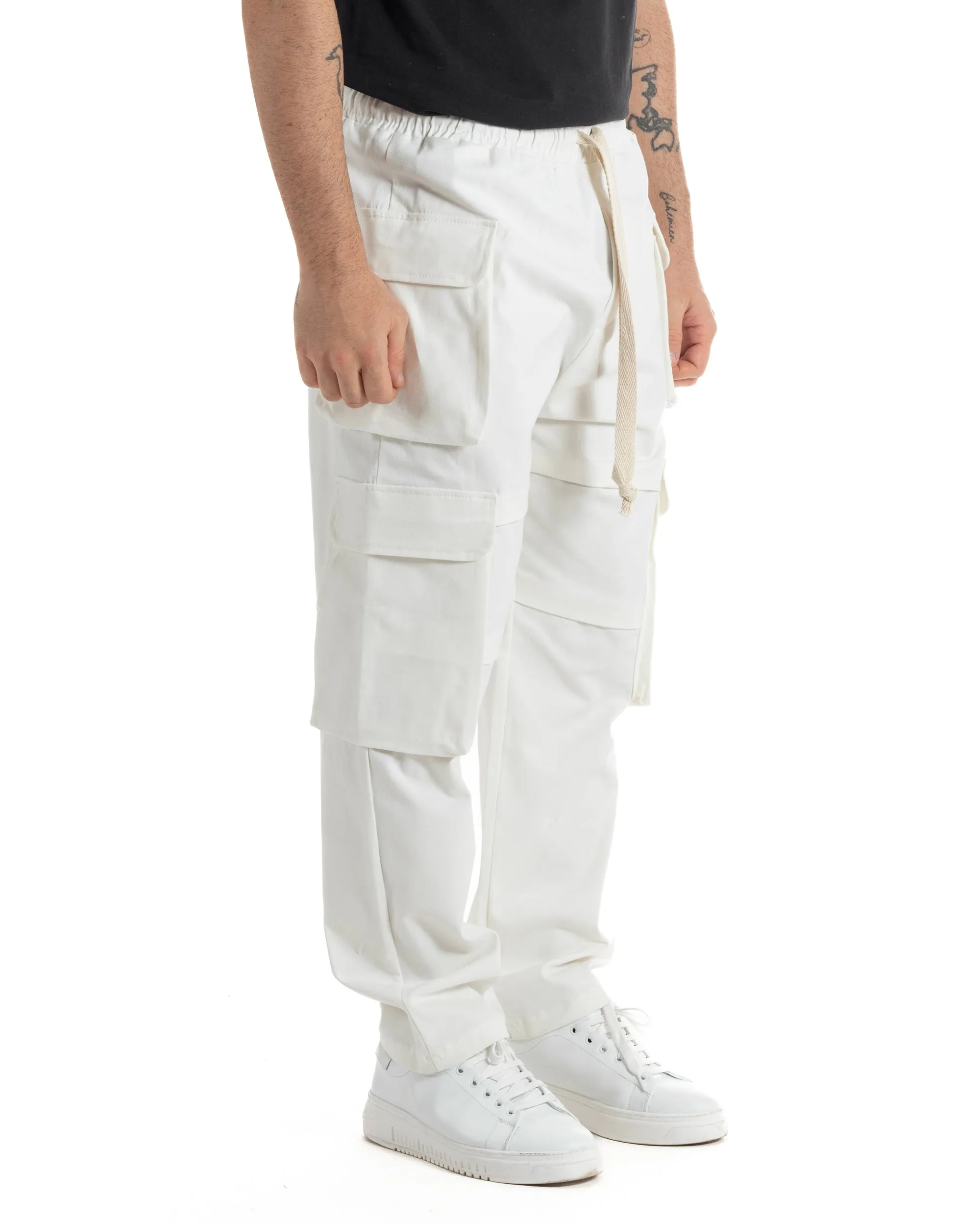 Pantaloni Uomo Pantalaccio Con Tasconi Cargo Baggy Bianco Coulisse Fondo Largo GIOSAL-P6007A