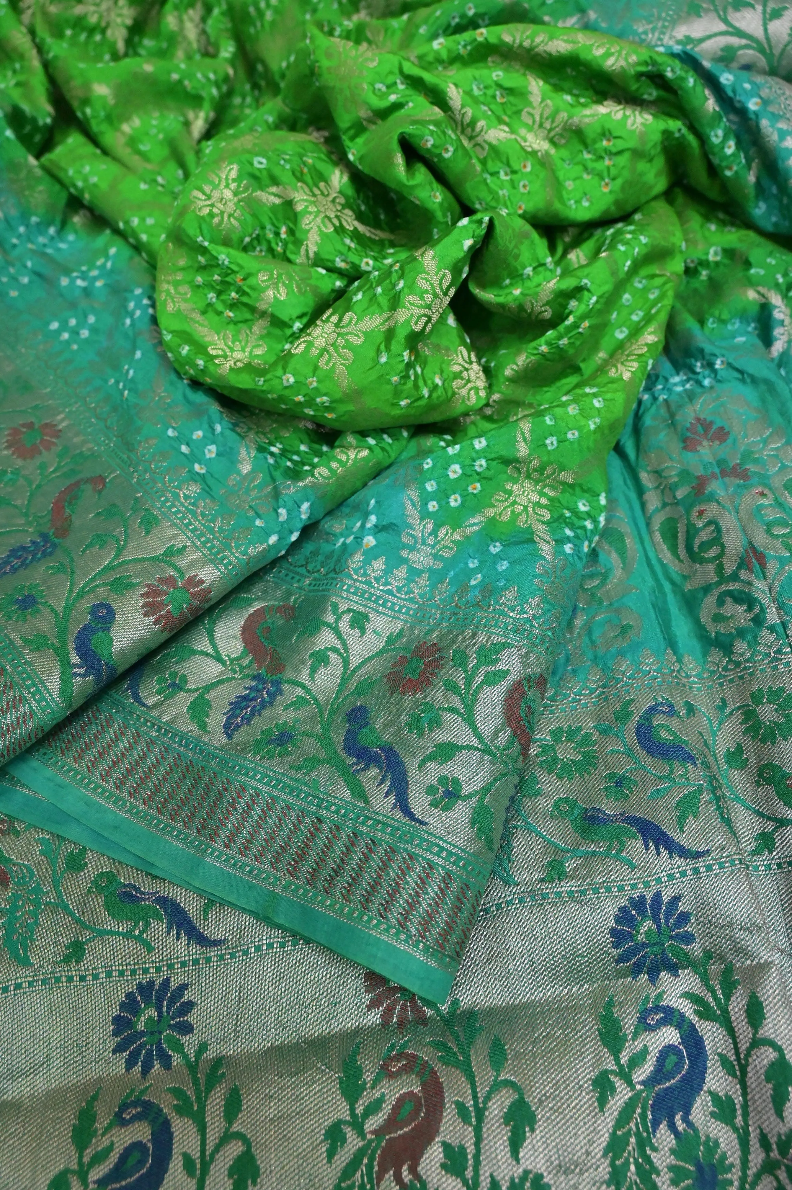 Parrot Green Color Dupion Silk with Paithani Border and Pallu and Bandhani Work