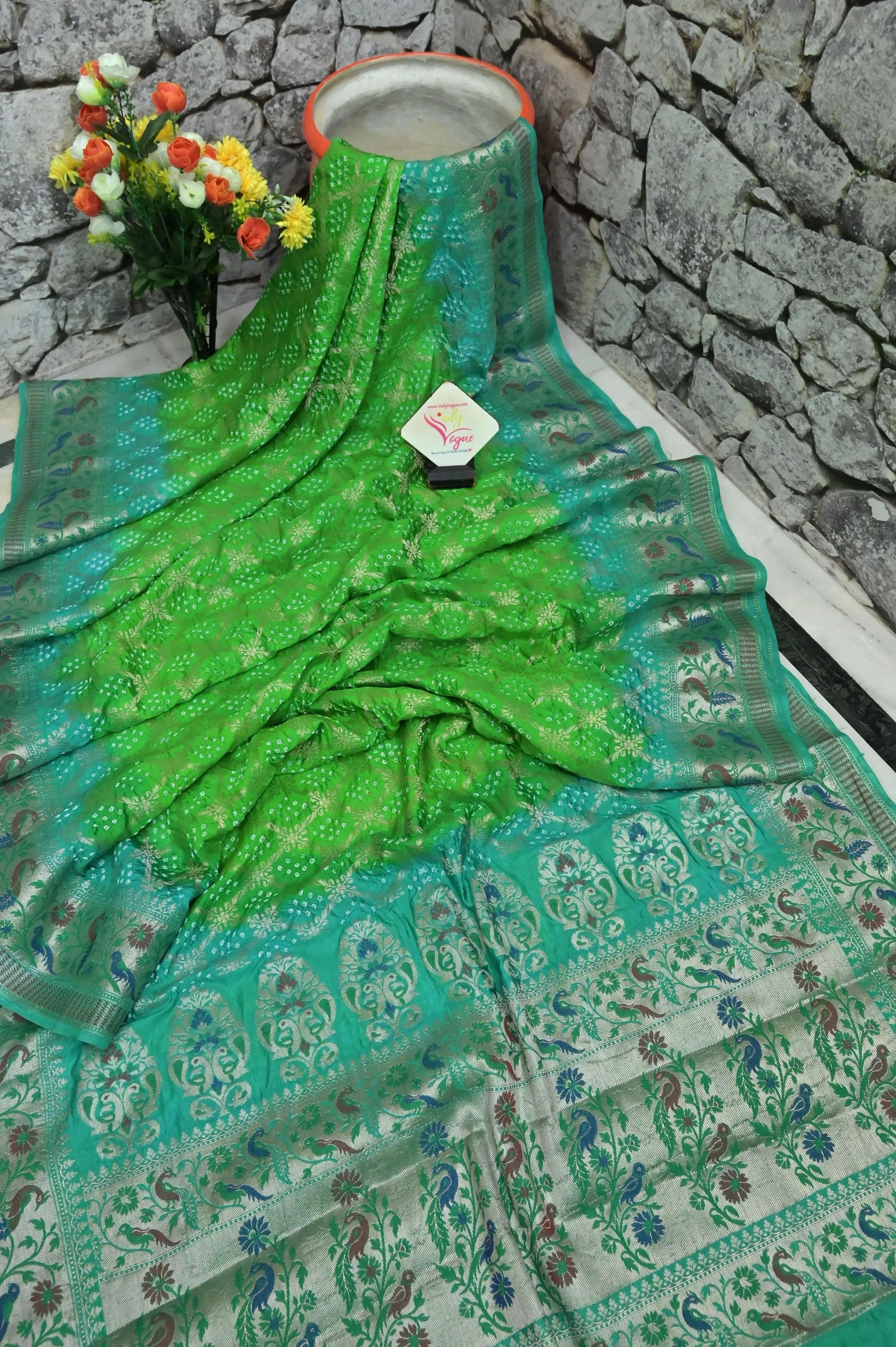 Parrot Green Color Dupion Silk with Paithani Border and Pallu and Bandhani Work