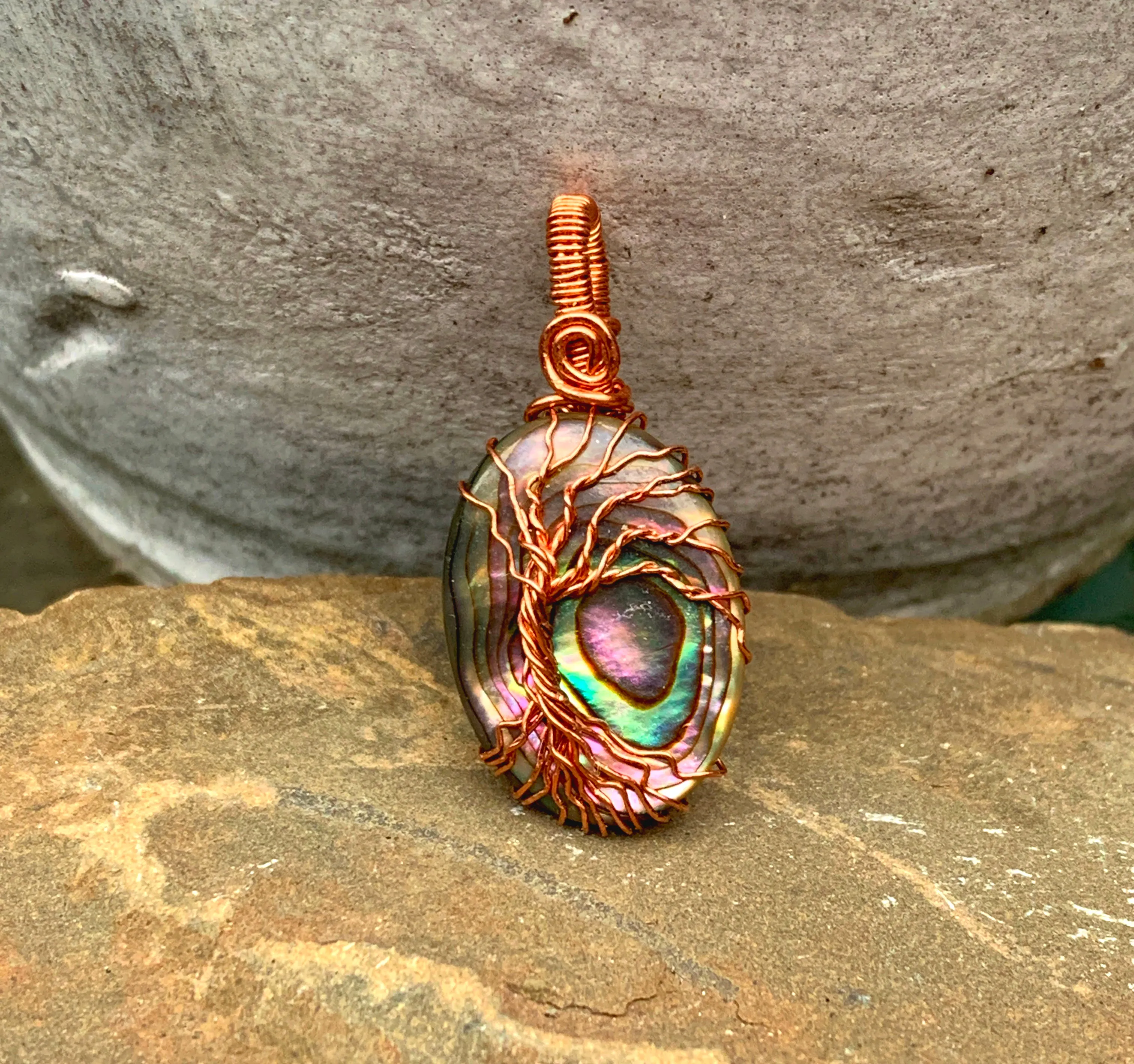 Paua / Abalone Shell Tree of Life Pendant in Copper