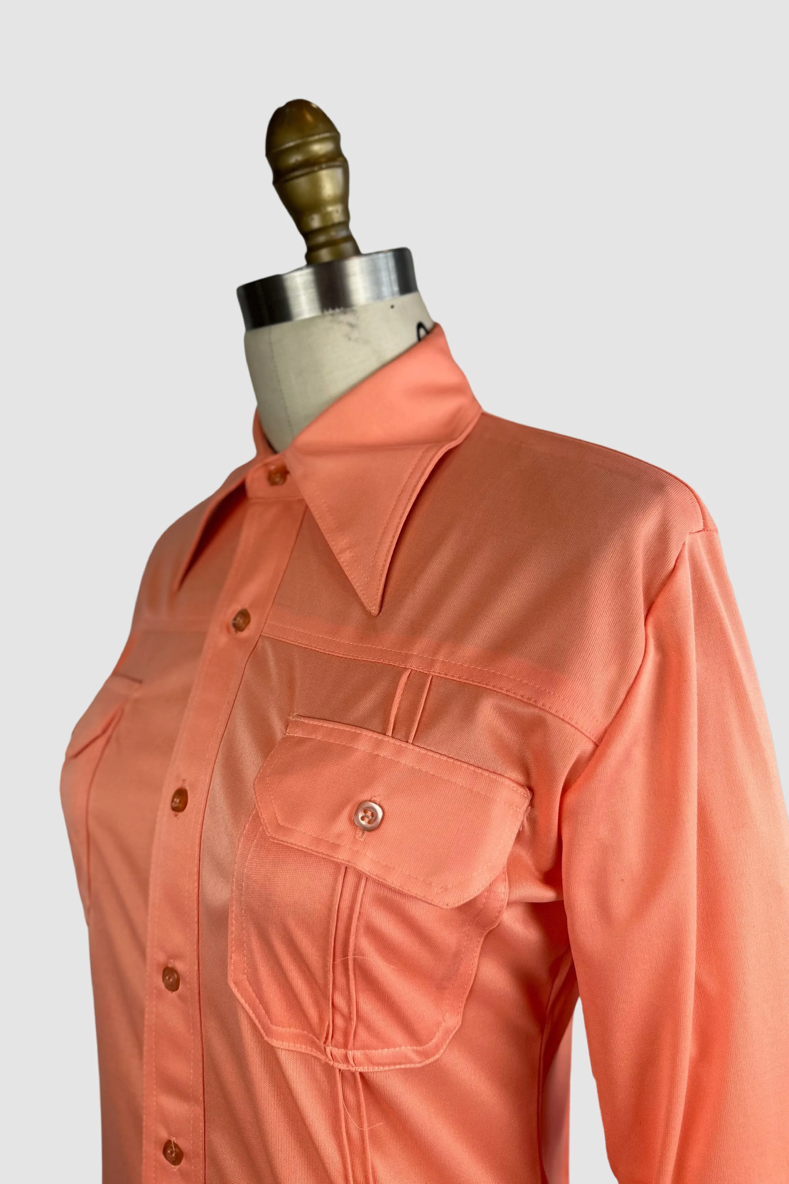 PIERRE FOSHEY 70s Deadstock Apricot Polyester Disco Shirt  Medium