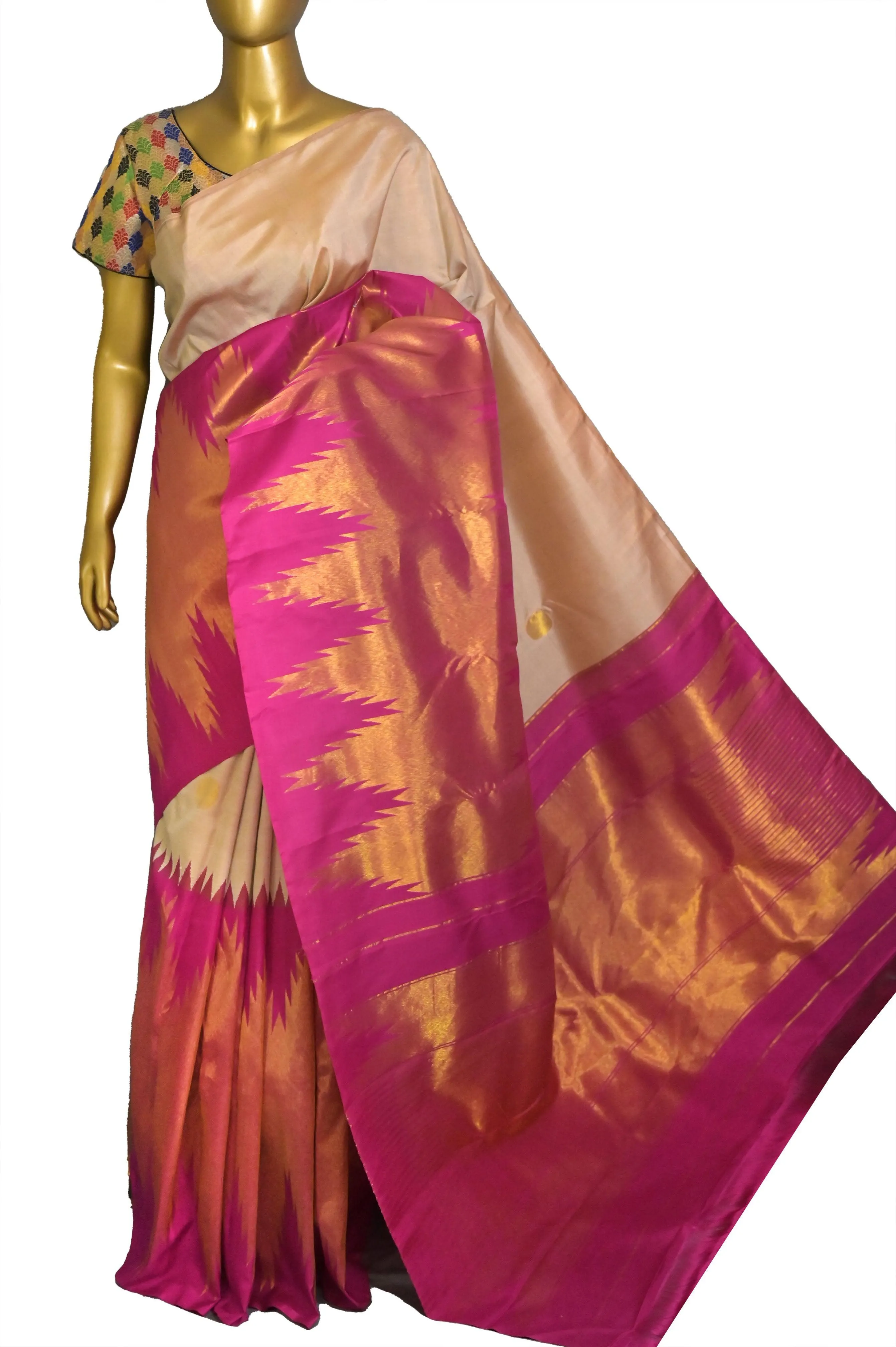 Pink and Light Sandal Color Kanjeevaram Silk Saree with Doubel Side Korvai and Putta Handloom Work