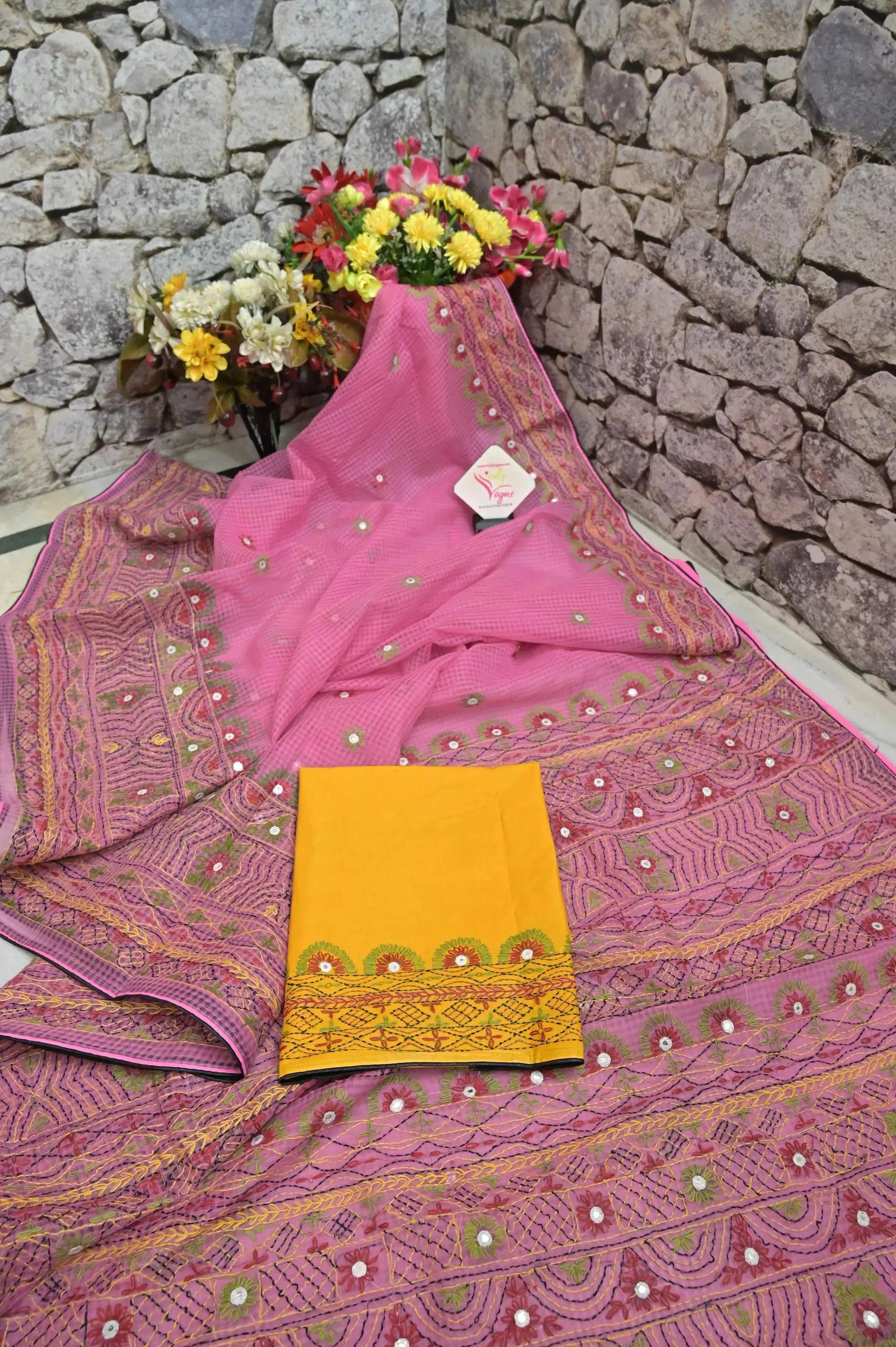 Pink Color Resham Kota Saree with Hand Lambani Work and Mirror Work