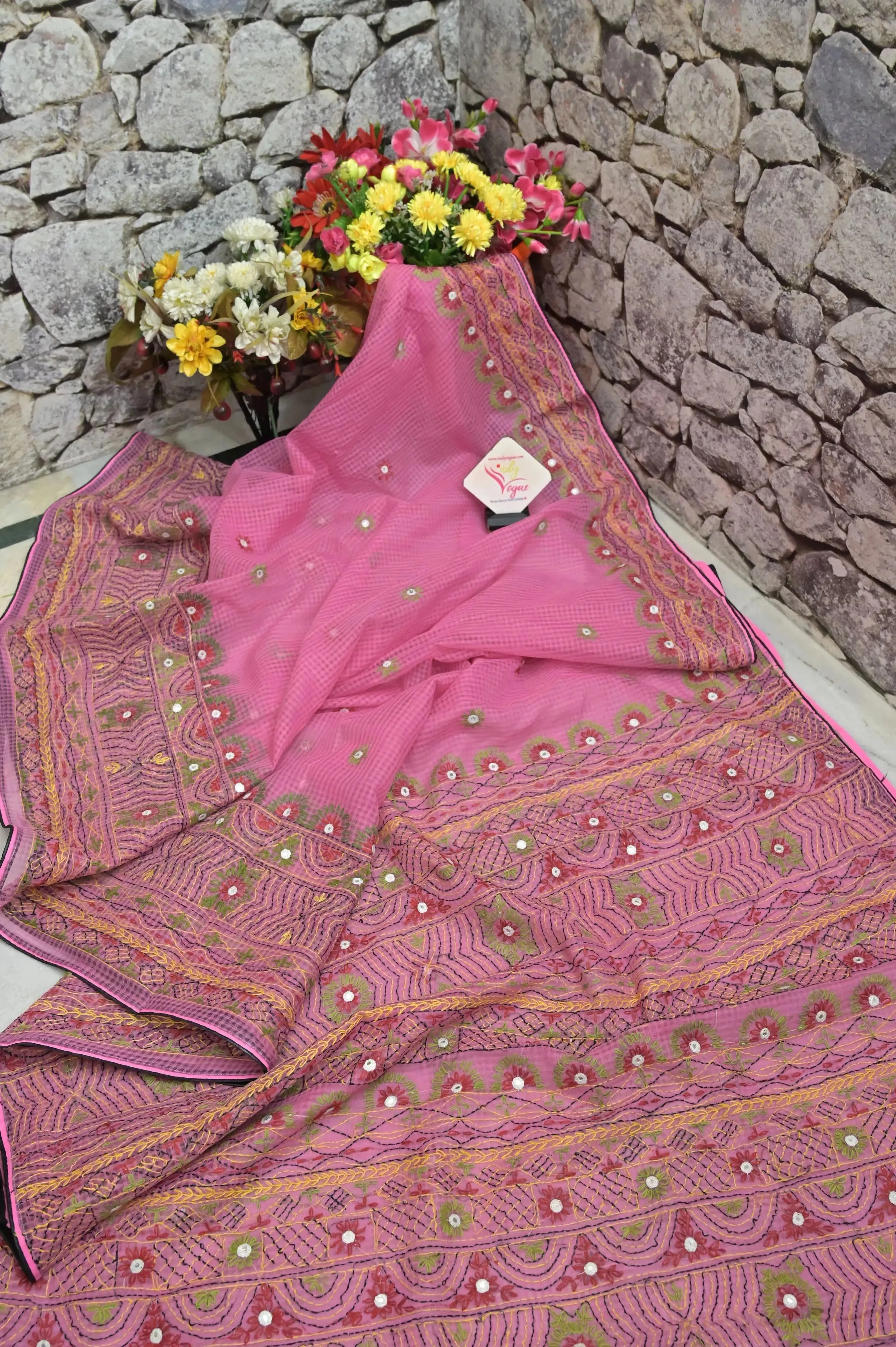 Pink Color Resham Kota Saree with Hand Lambani Work and Mirror Work