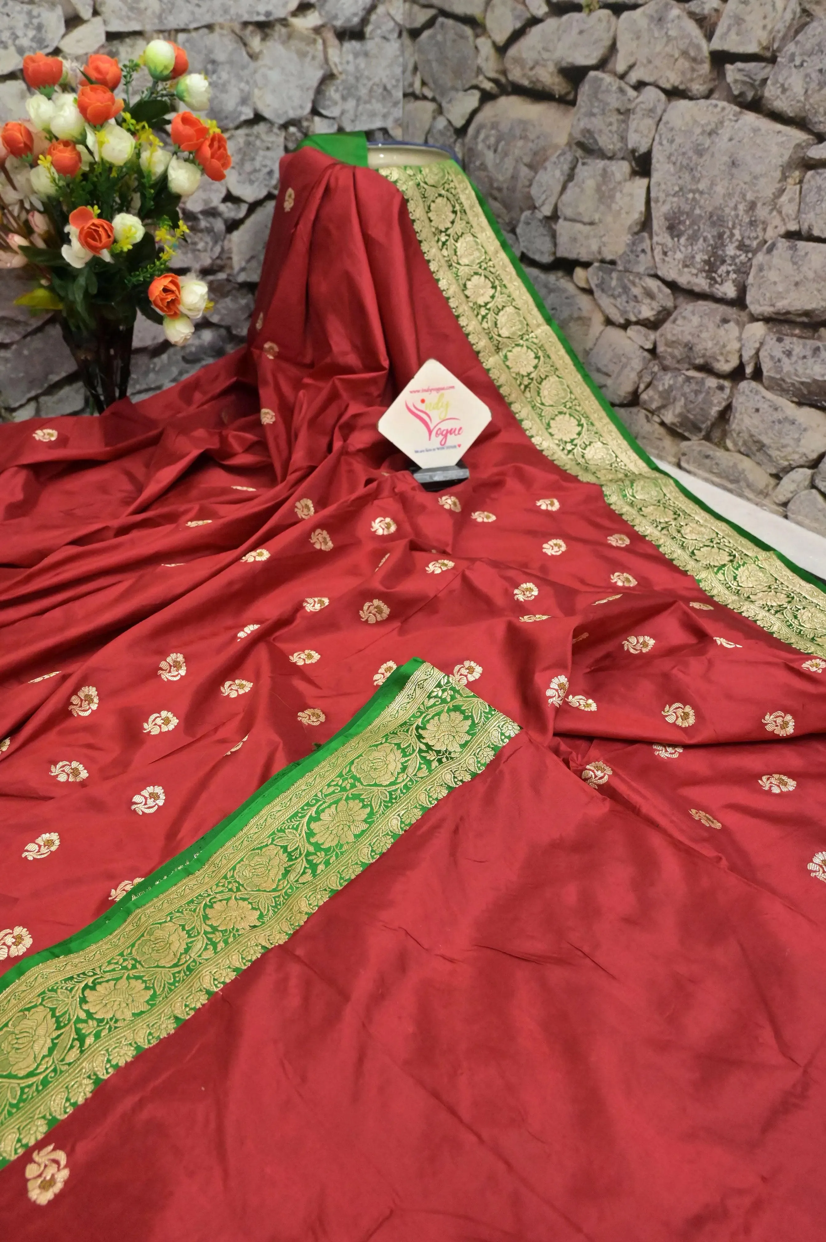 Red and Green Color Korial Katan Banarasi Saree with Meenakari Work